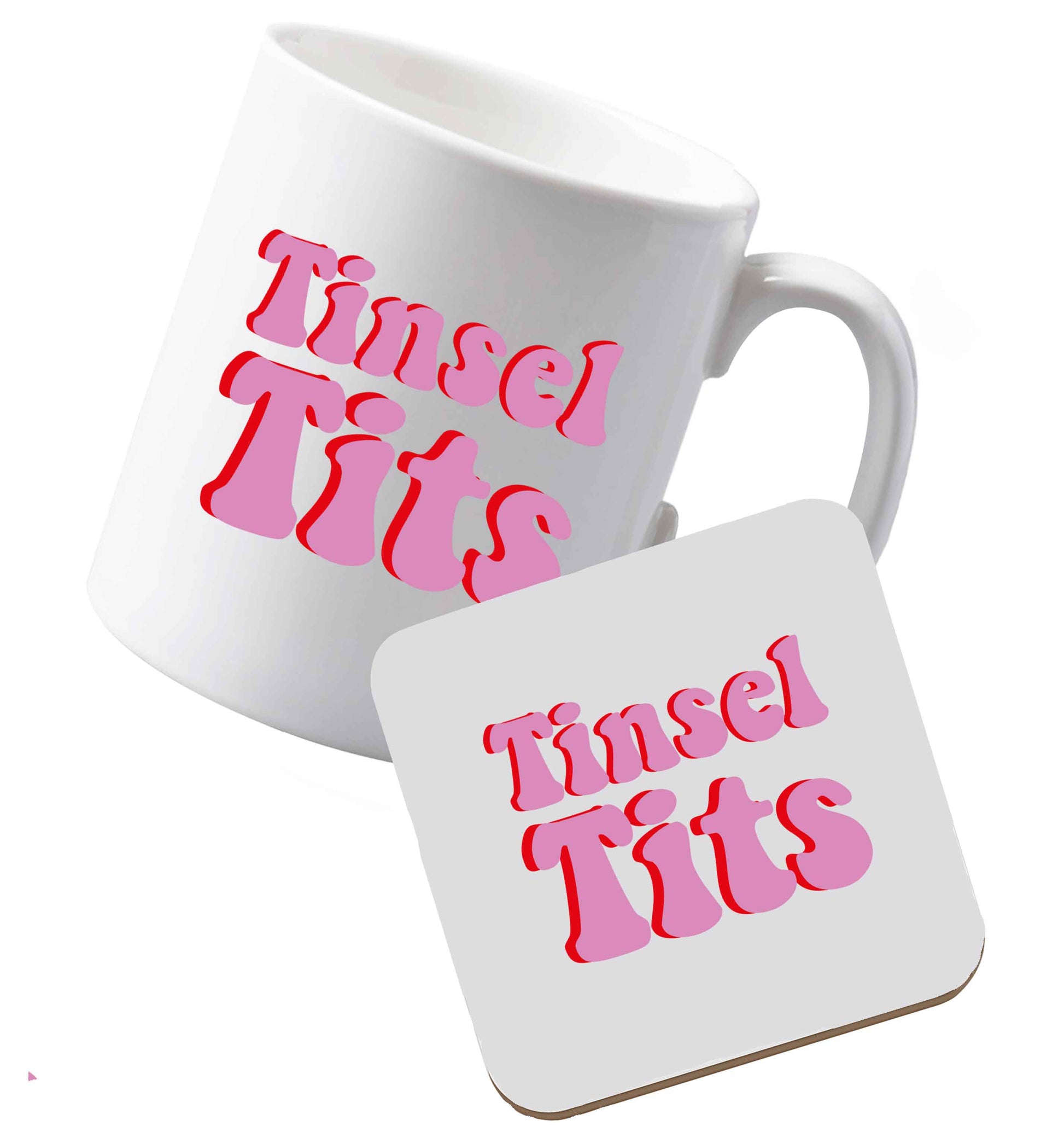 10 oz Ceramic mug and coaster Tinsel tits both sides