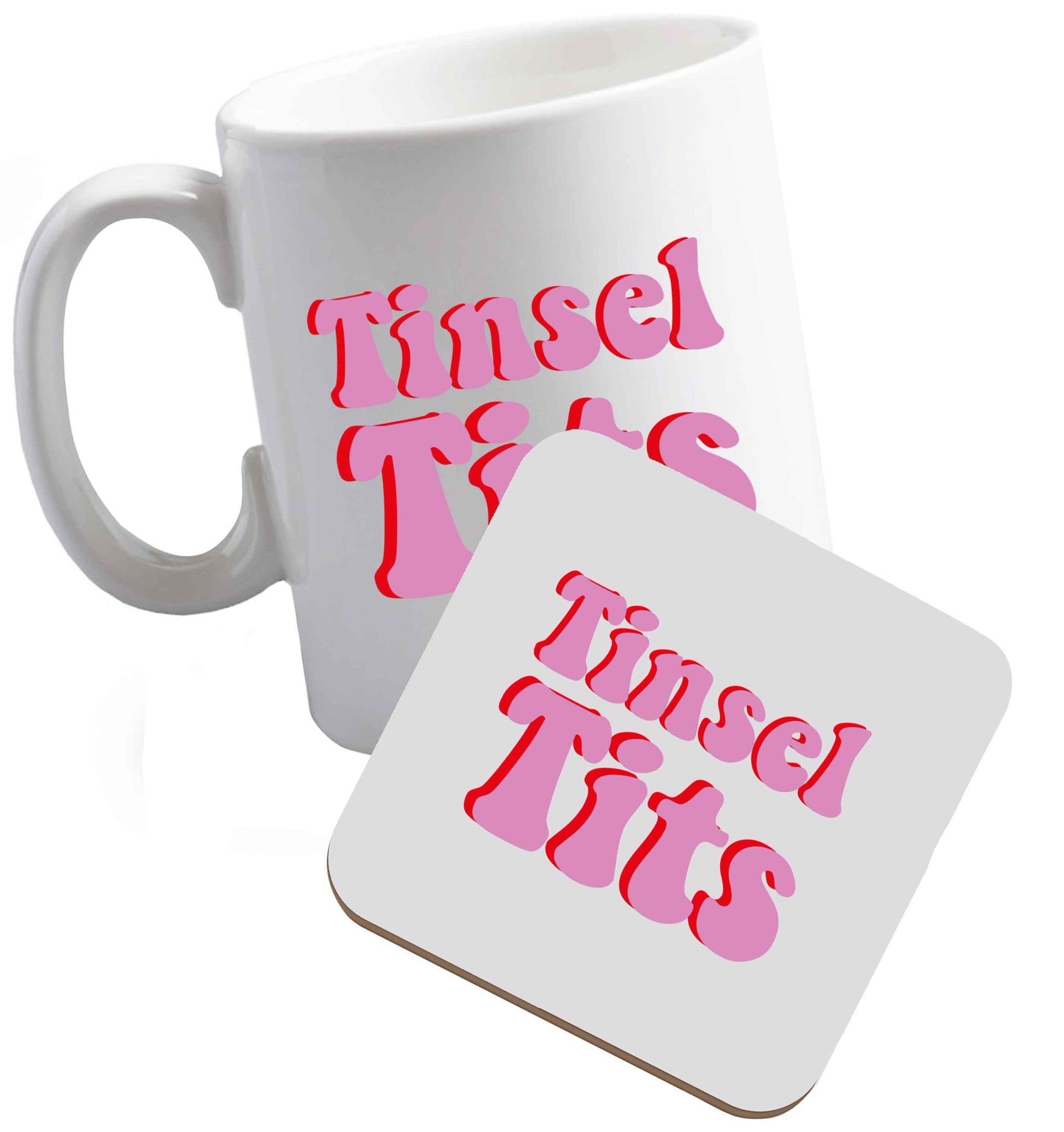 10 oz Tinsel tits ceramic mug and coaster set right handed
