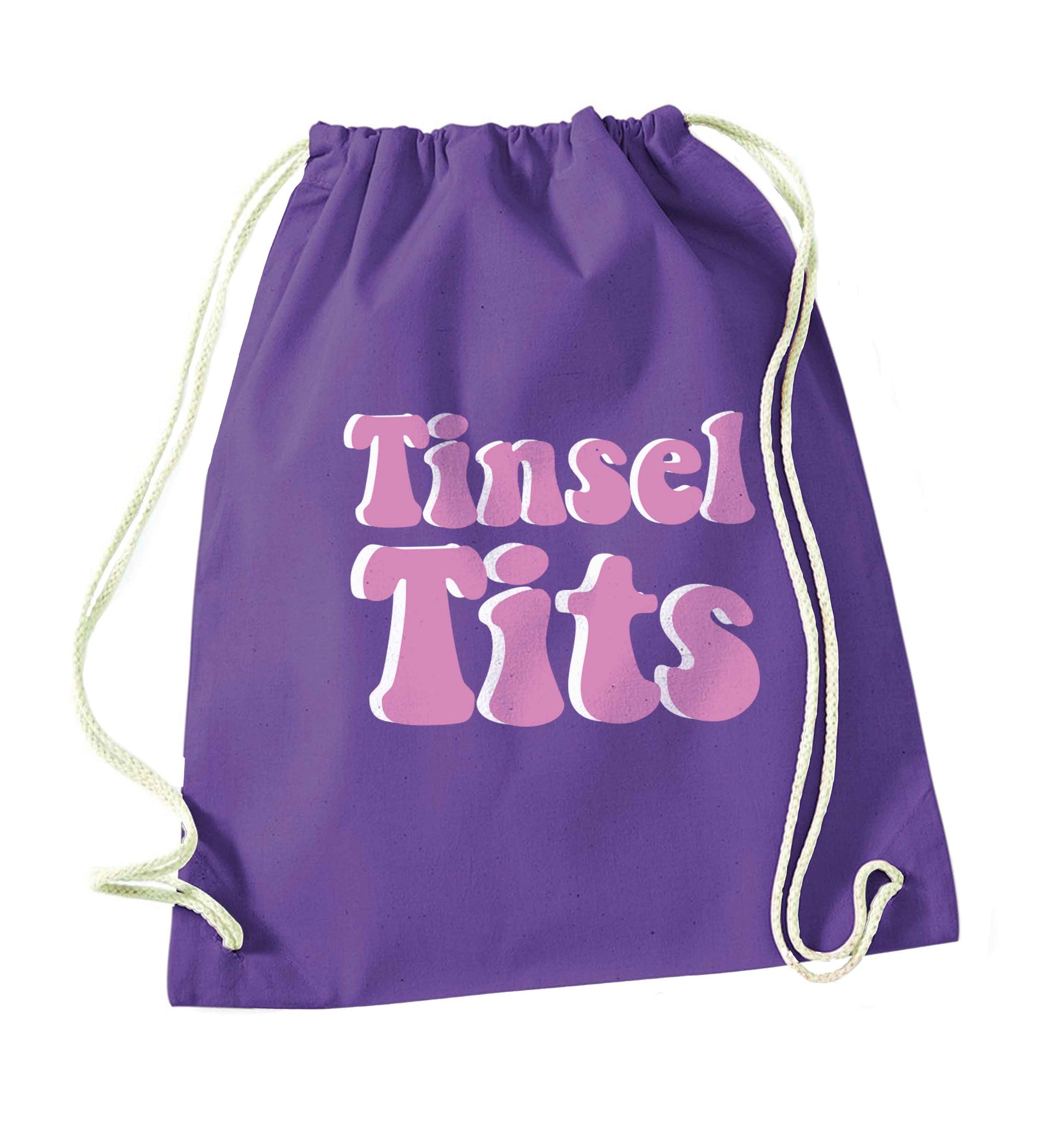 Tinsel tits purple drawstring bag