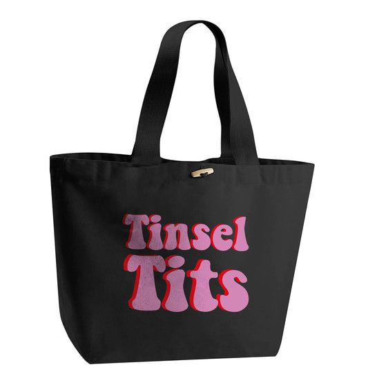 Tinsel tits organic cotton premium tote bag with wooden toggle in black