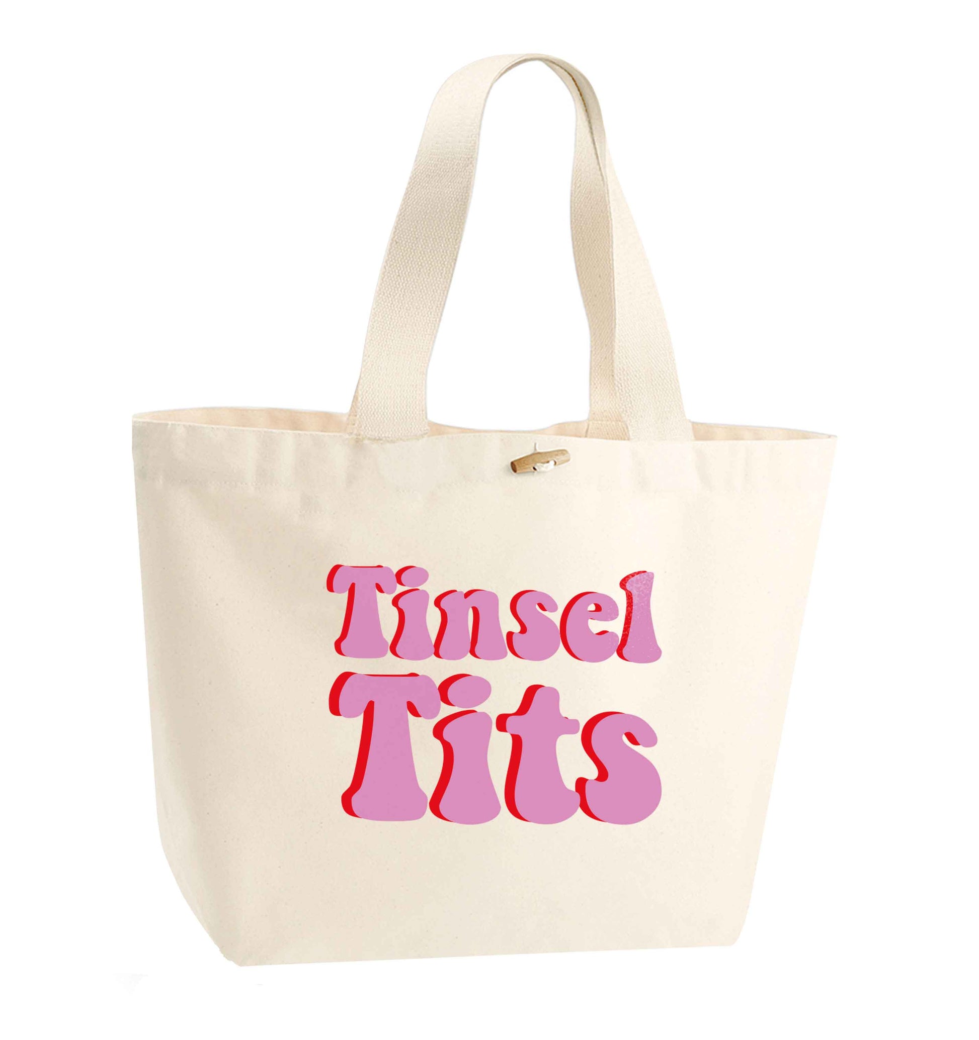 Tinsel tits organic cotton premium tote bag with wooden toggle in natural