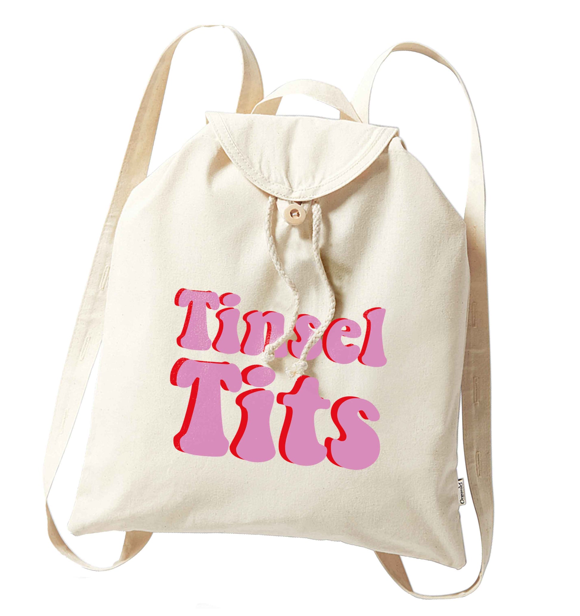 Tinsel tits organic cotton backpack tote with wooden buttons in natural