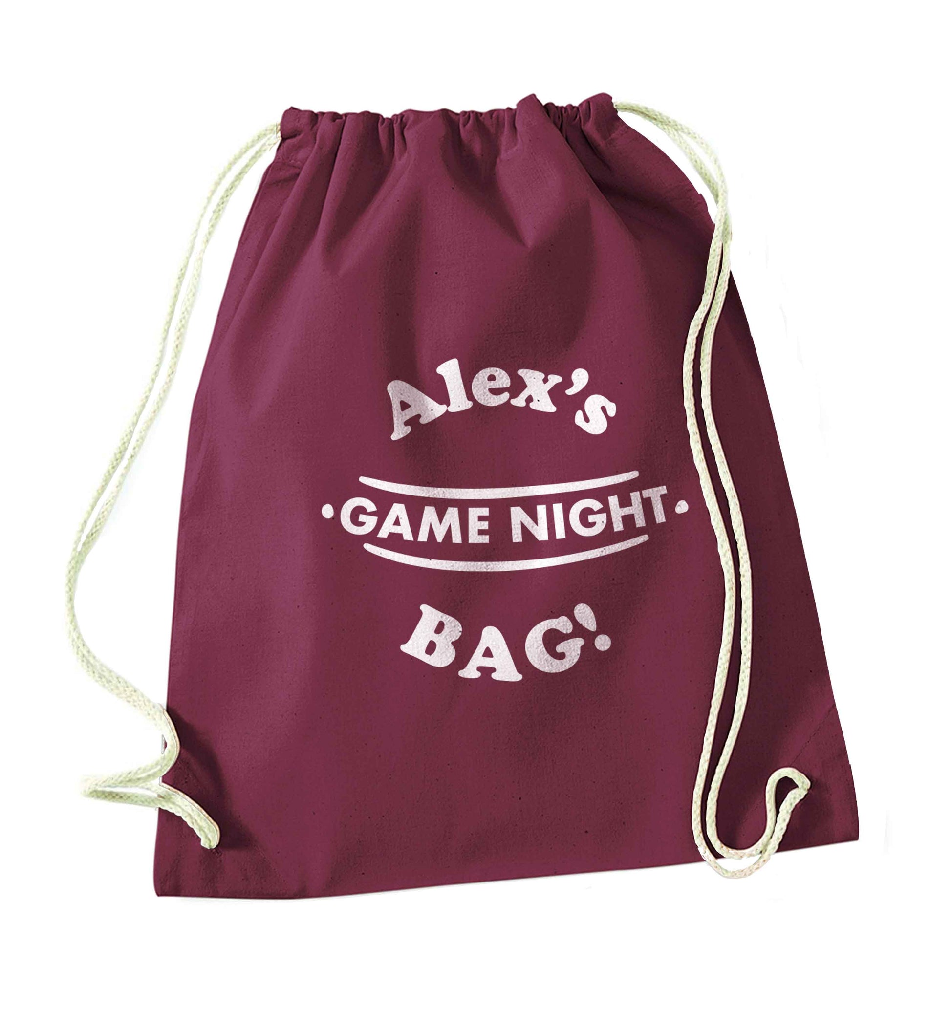 Personalised game night bag maroon drawstring bag