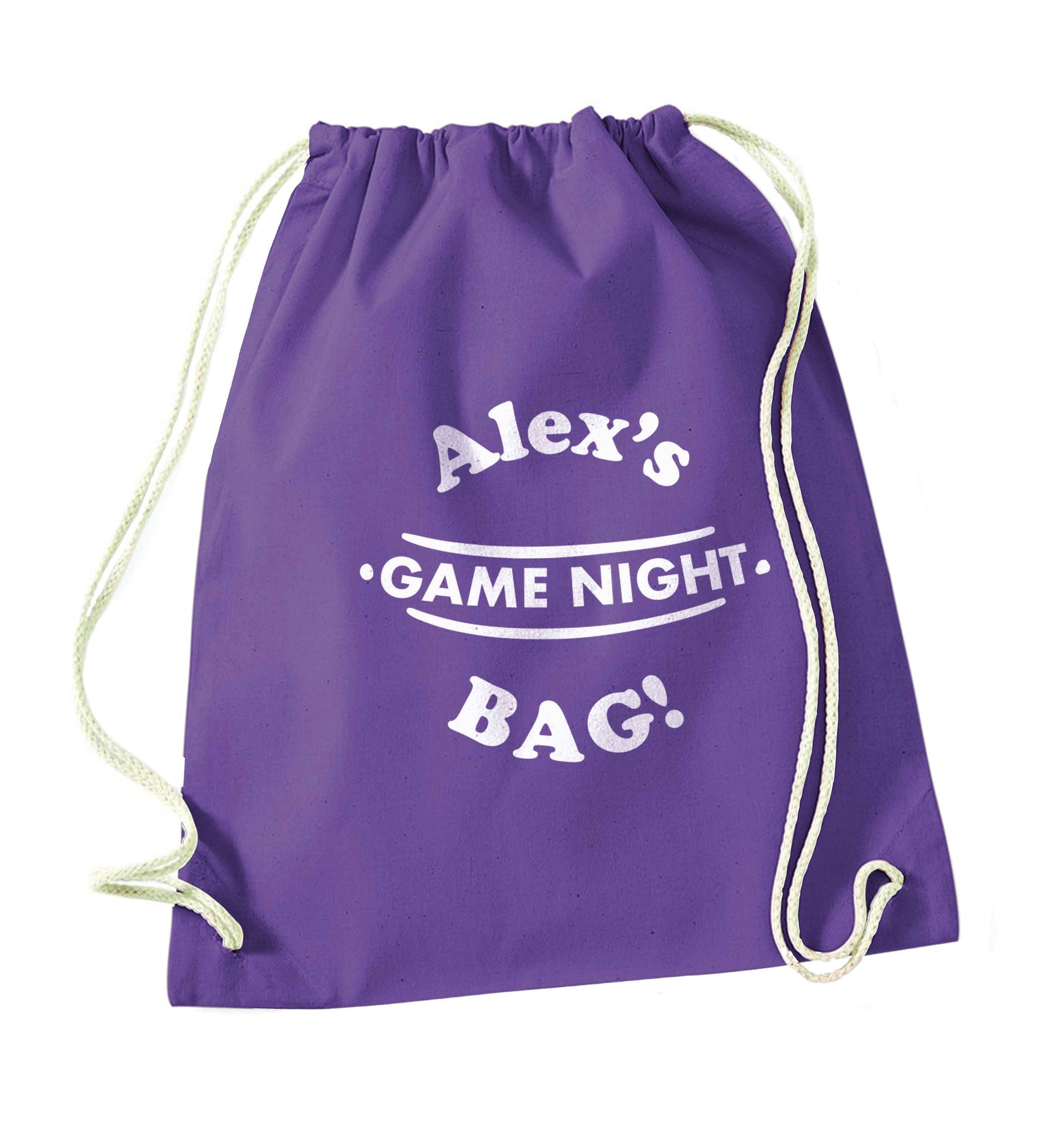 Personalised game night bag purple drawstring bag