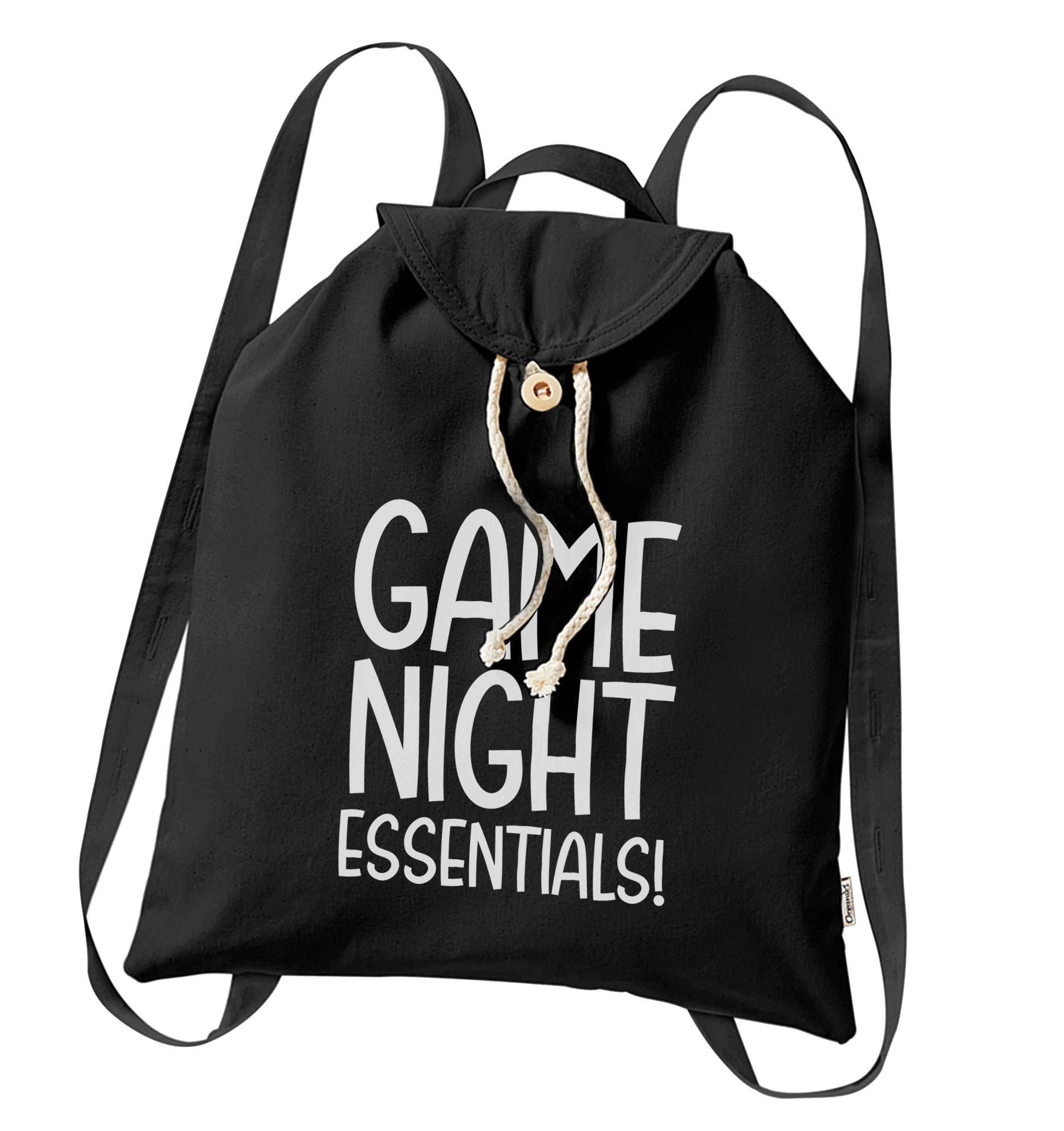 Game night essentials organic cotton backpack tote with wooden buttons in black