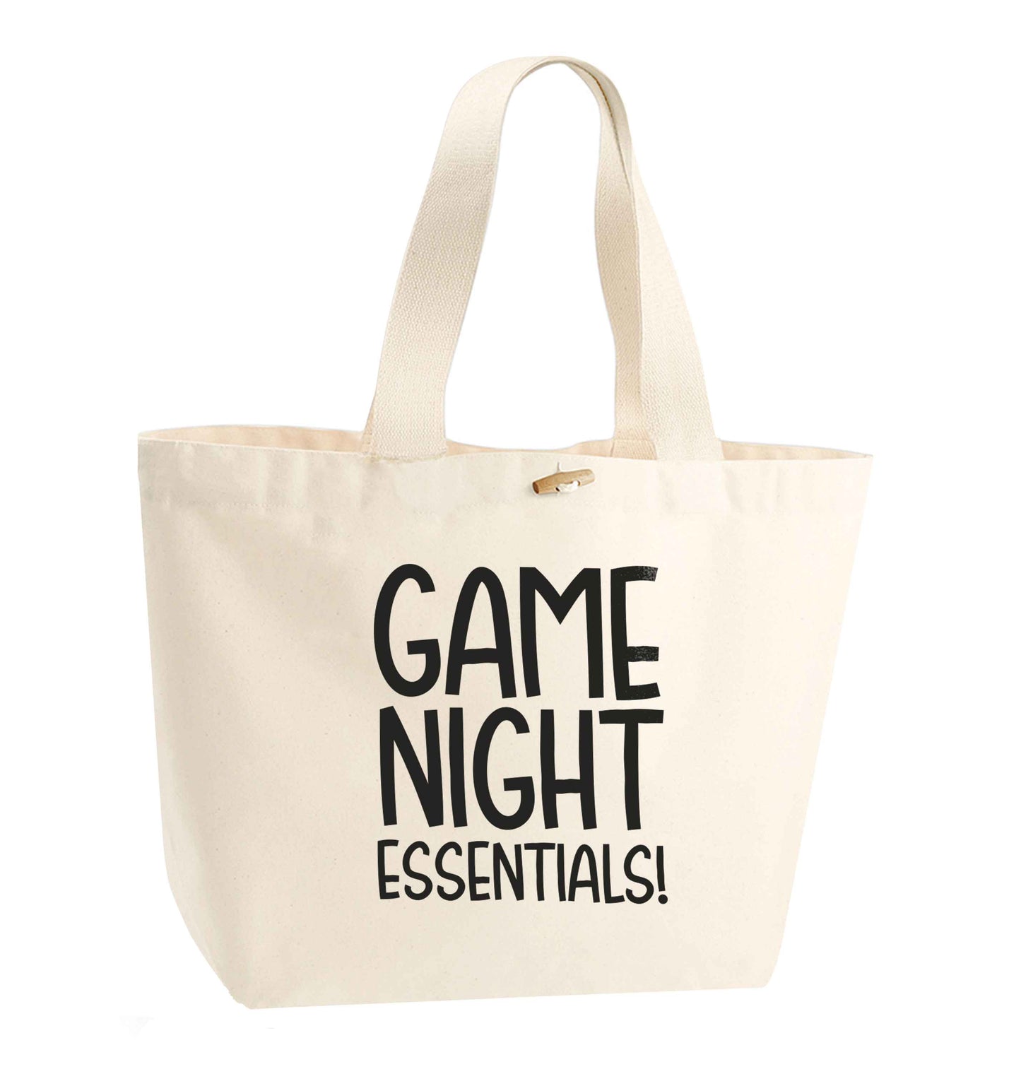 Game night essentials organic cotton premium tote bag with wooden toggle in natural