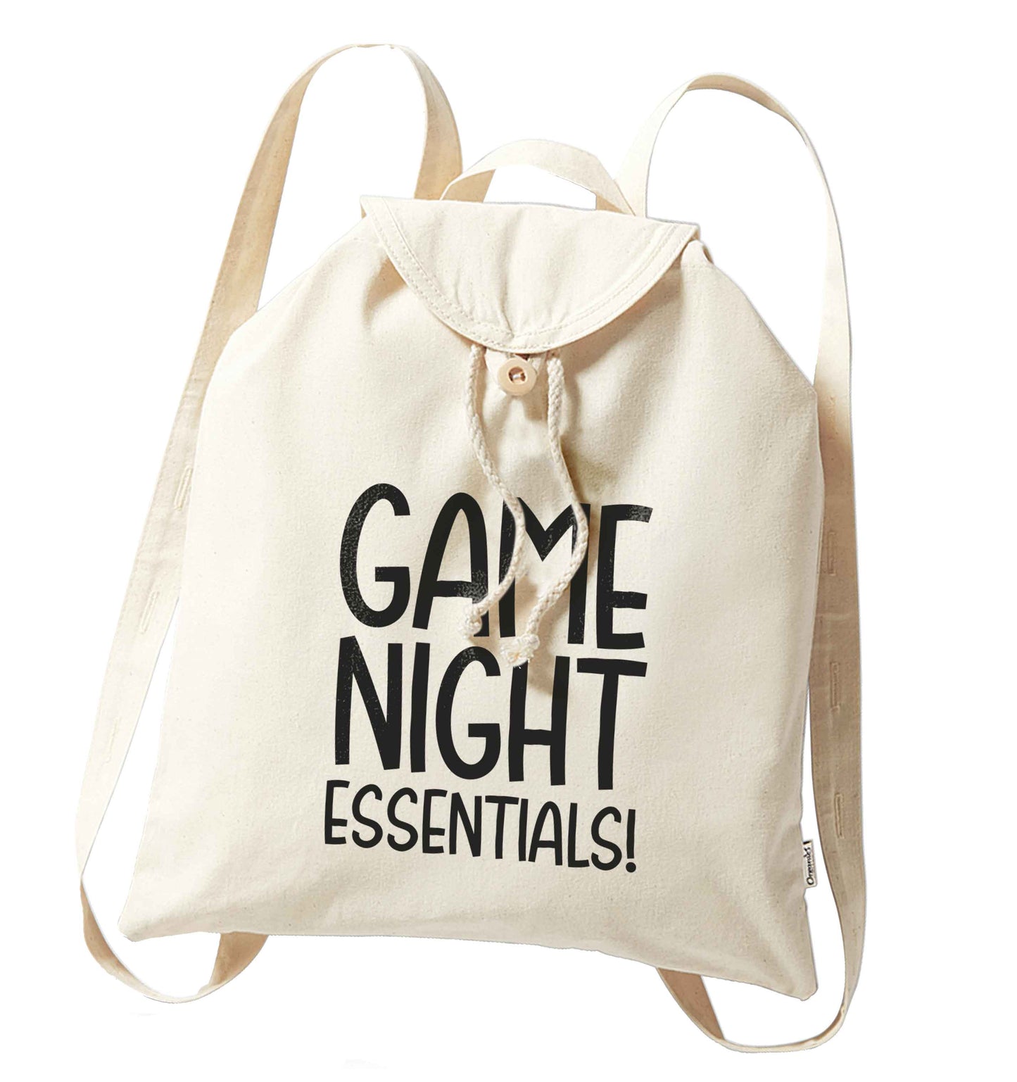 Game night essentials organic cotton backpack tote with wooden buttons in natural