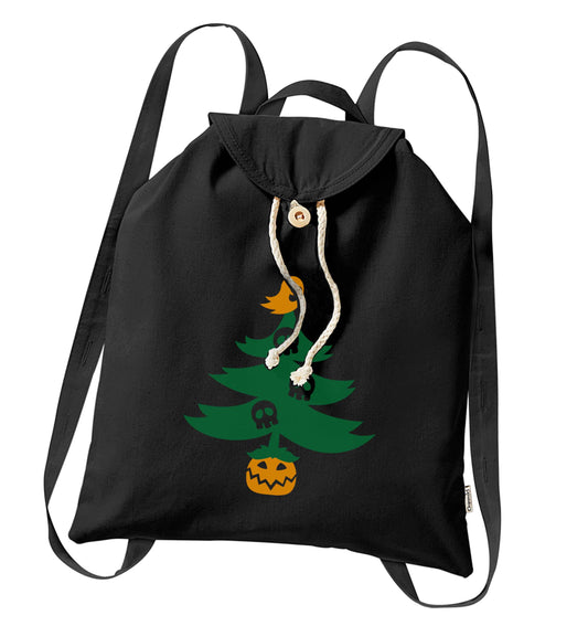 Halloween Christmas tree organic cotton backpack tote with wooden buttons in black