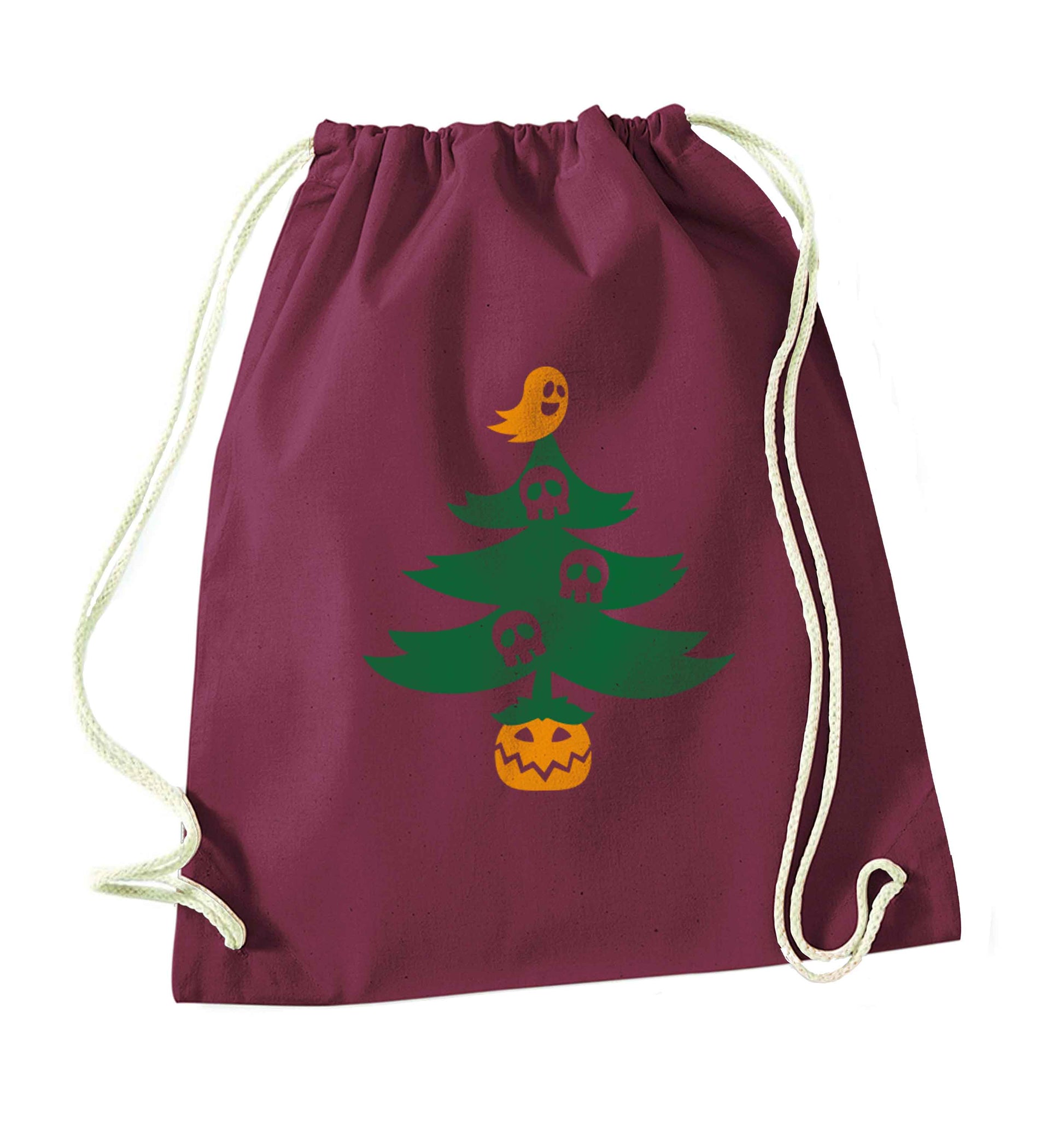 Halloween Christmas tree maroon drawstring bag