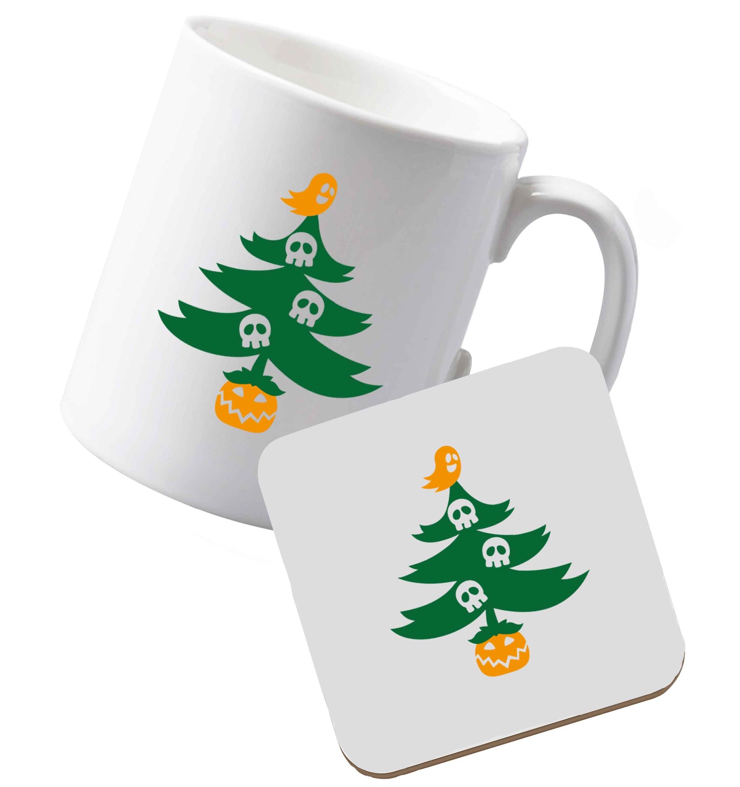10 oz Ceramic mug and coaster Halloween Christmas tree both sides