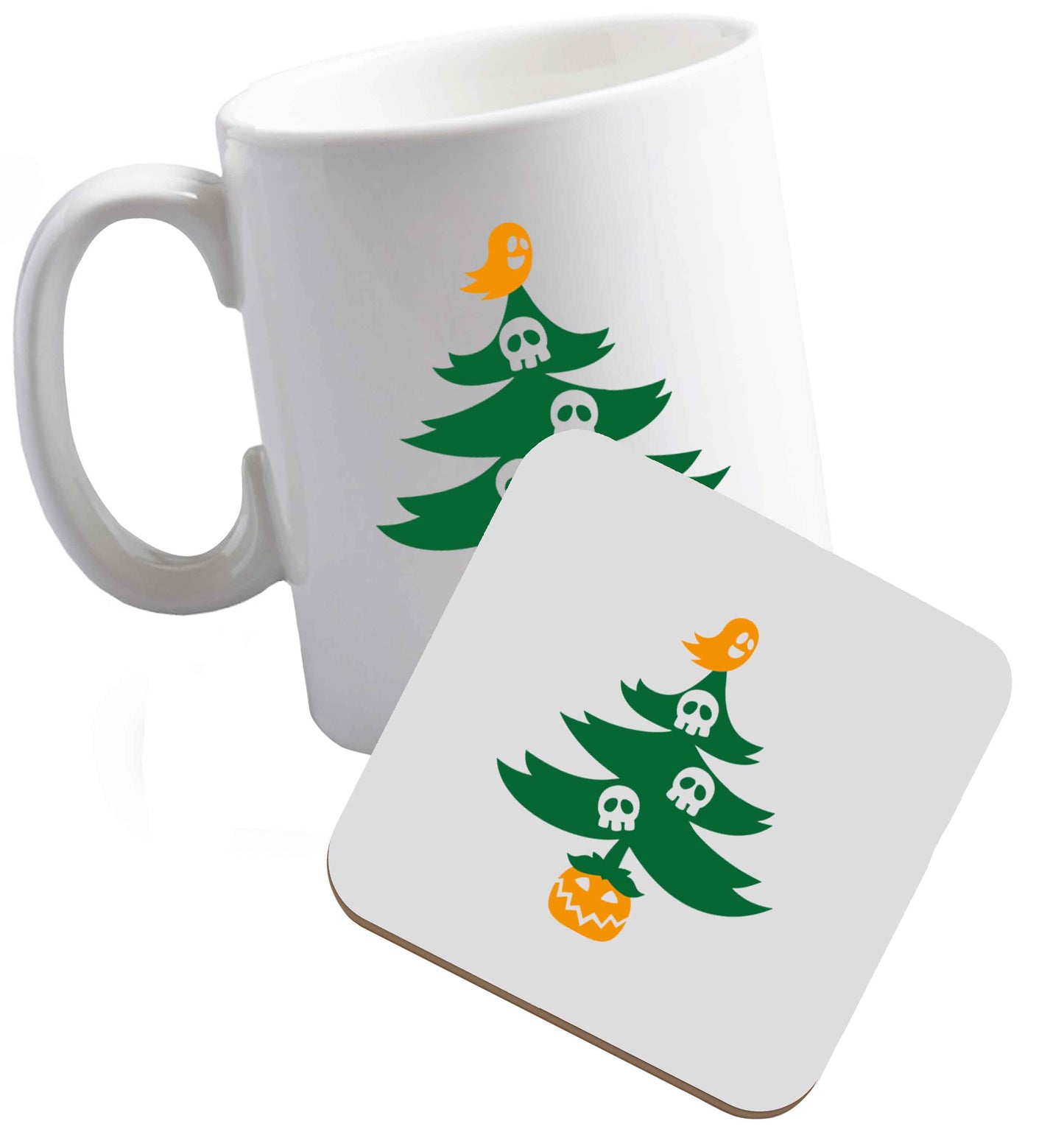 10 oz Halloween Christmas tree ceramic mug and coaster set right handed
