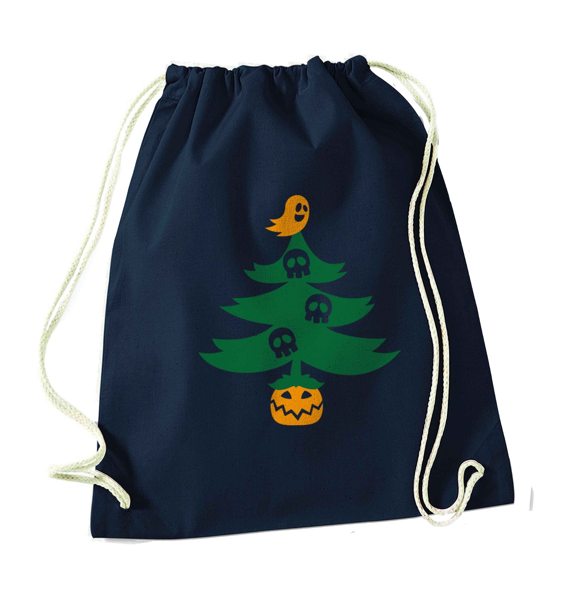 Halloween Christmas tree navy drawstring bag