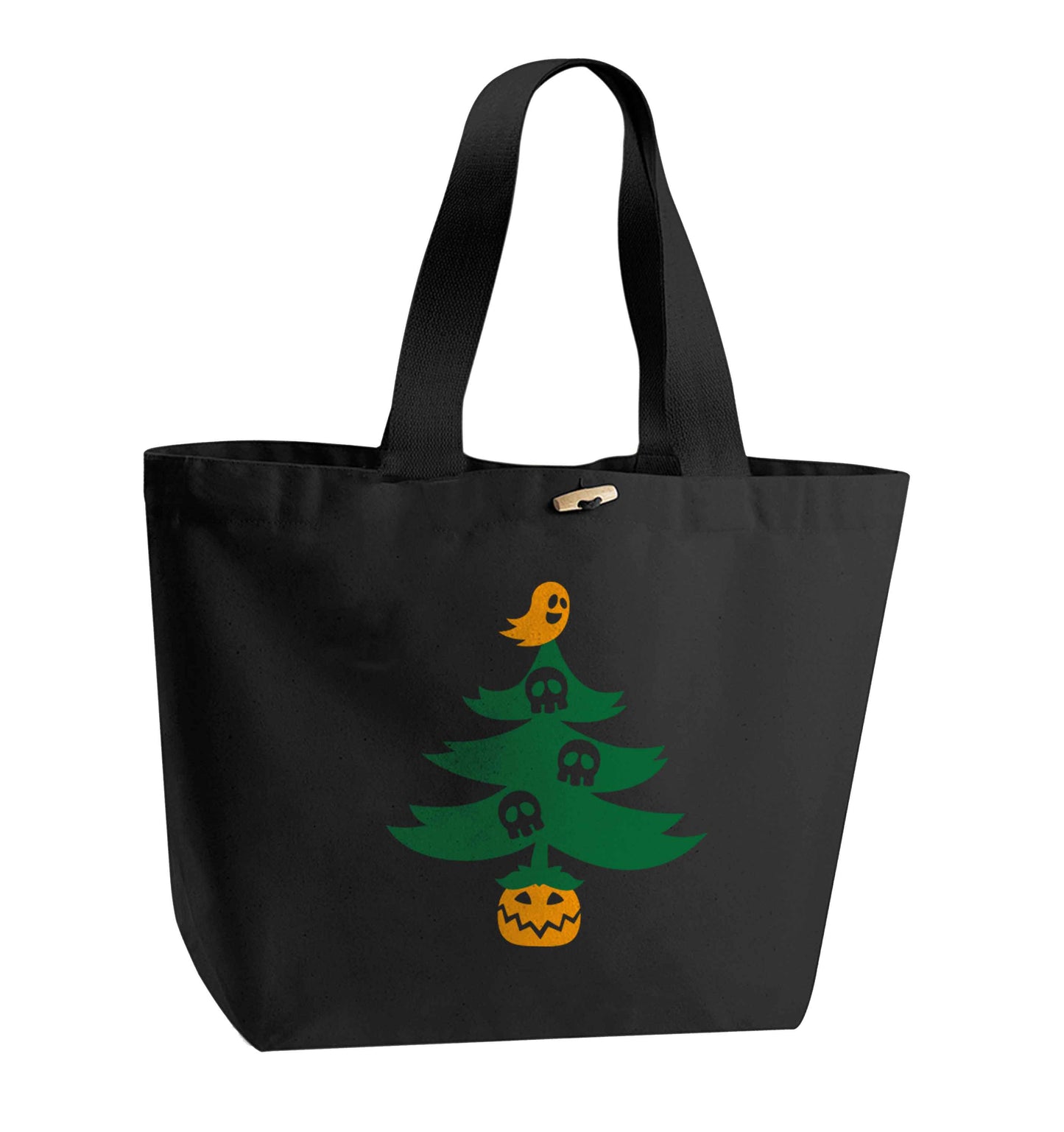 Halloween Christmas tree organic cotton premium tote bag with wooden toggle in black