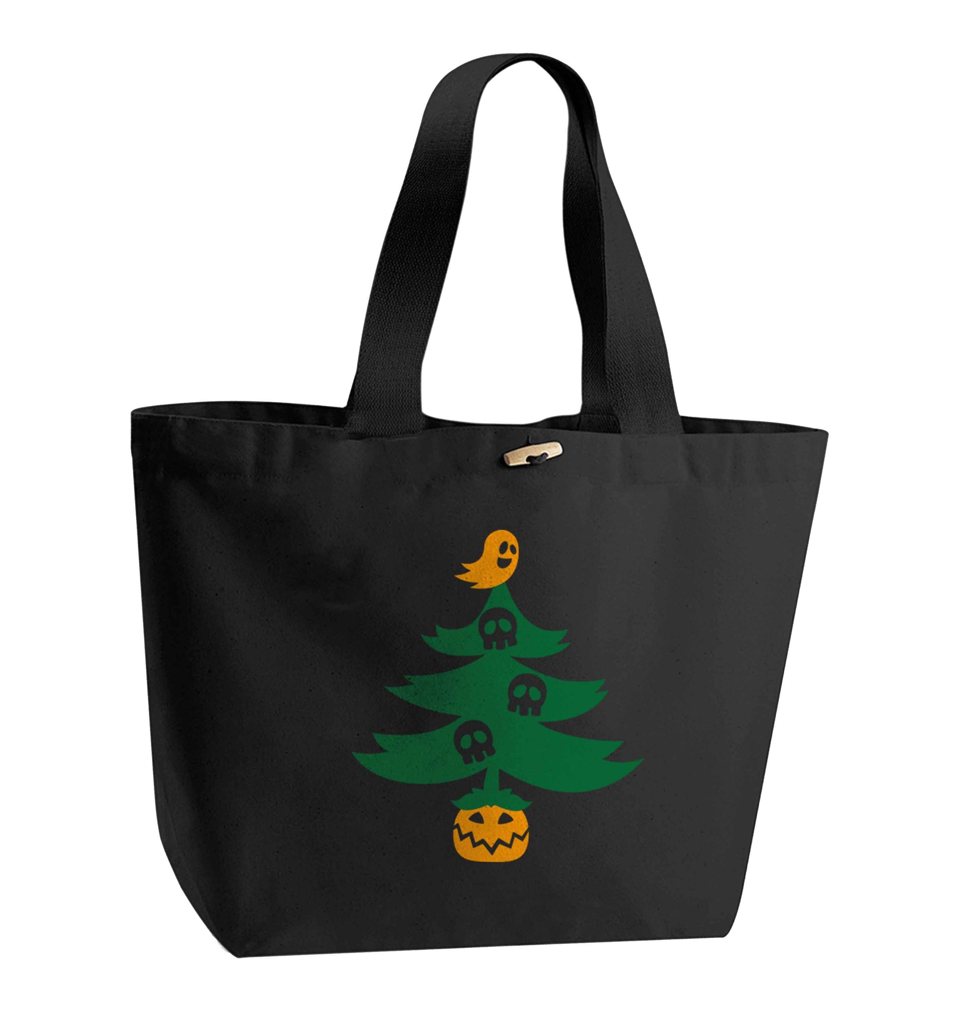 Halloween Christmas tree organic cotton premium tote bag with wooden toggle in black