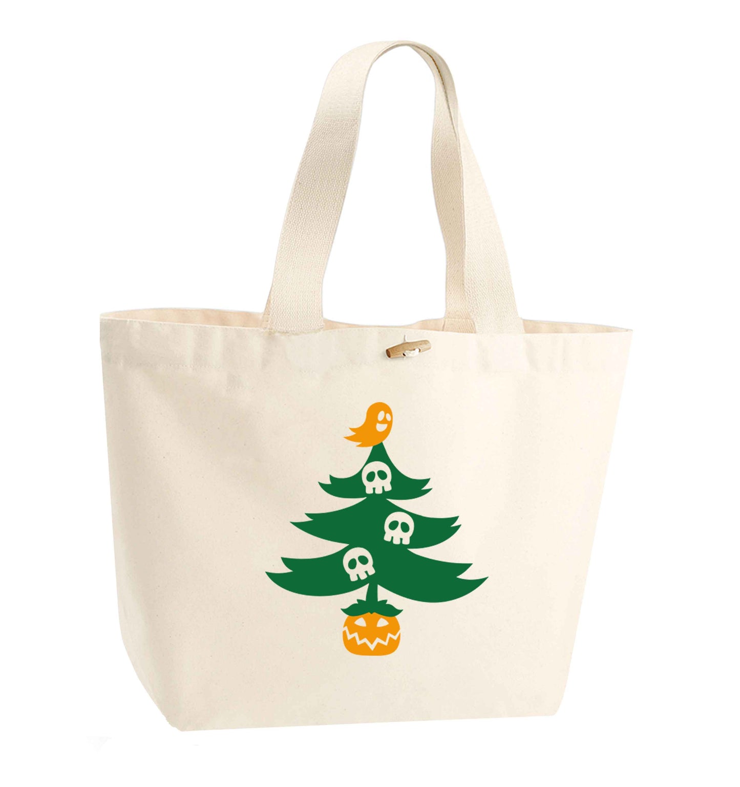 Halloween Christmas tree organic cotton premium tote bag with wooden toggle in natural