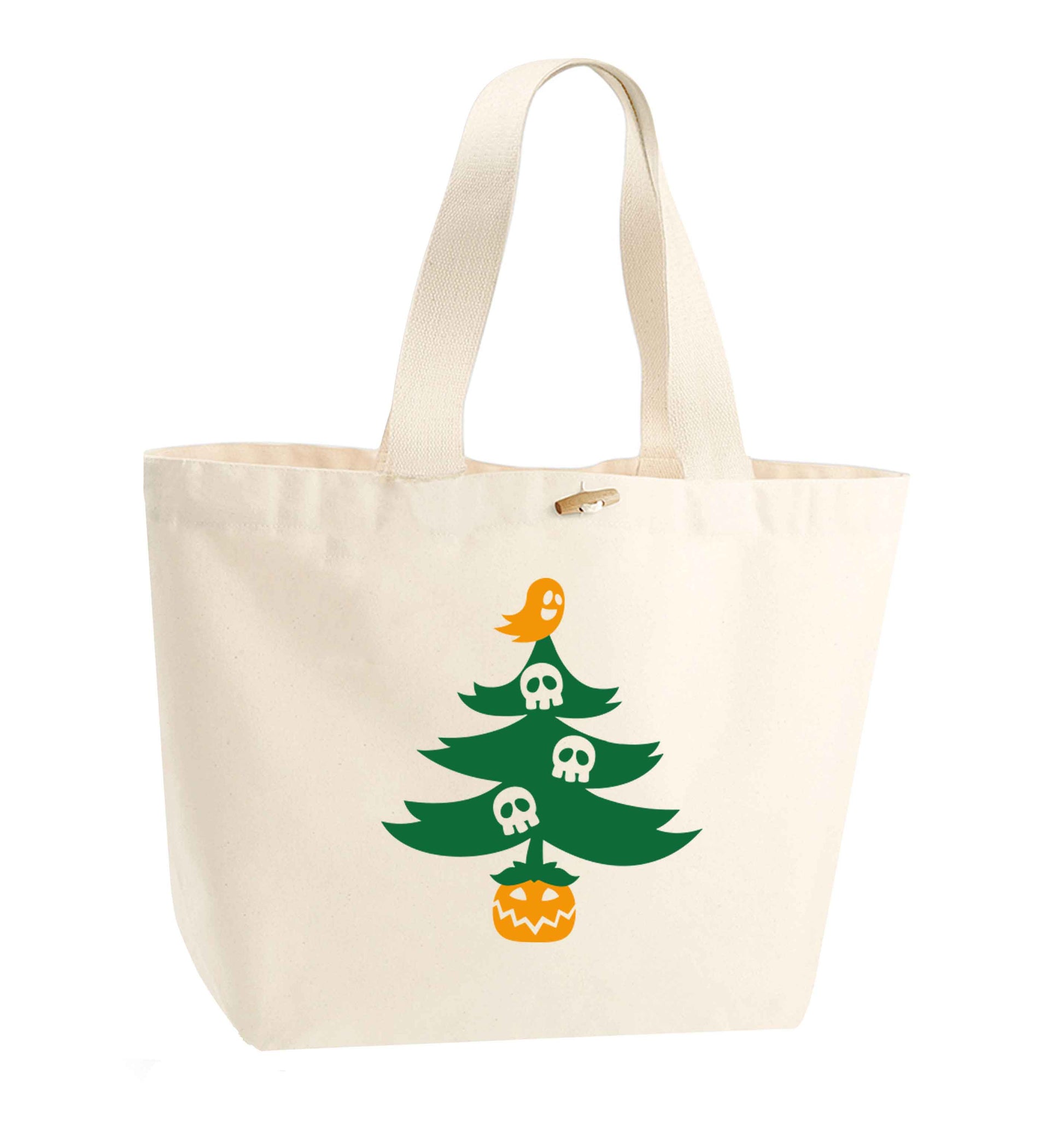 Halloween Christmas tree organic cotton premium tote bag with wooden toggle in natural