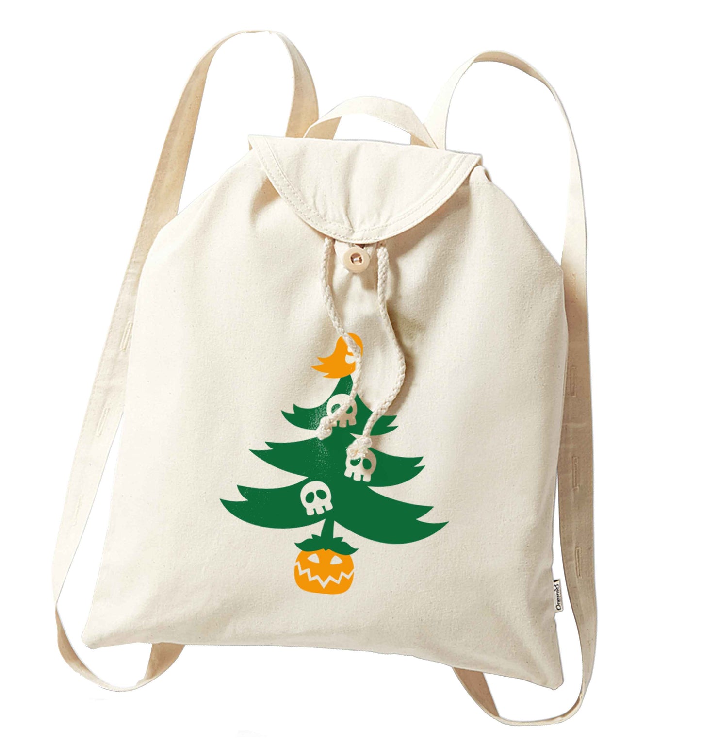 Halloween Christmas tree organic cotton backpack tote with wooden buttons in natural