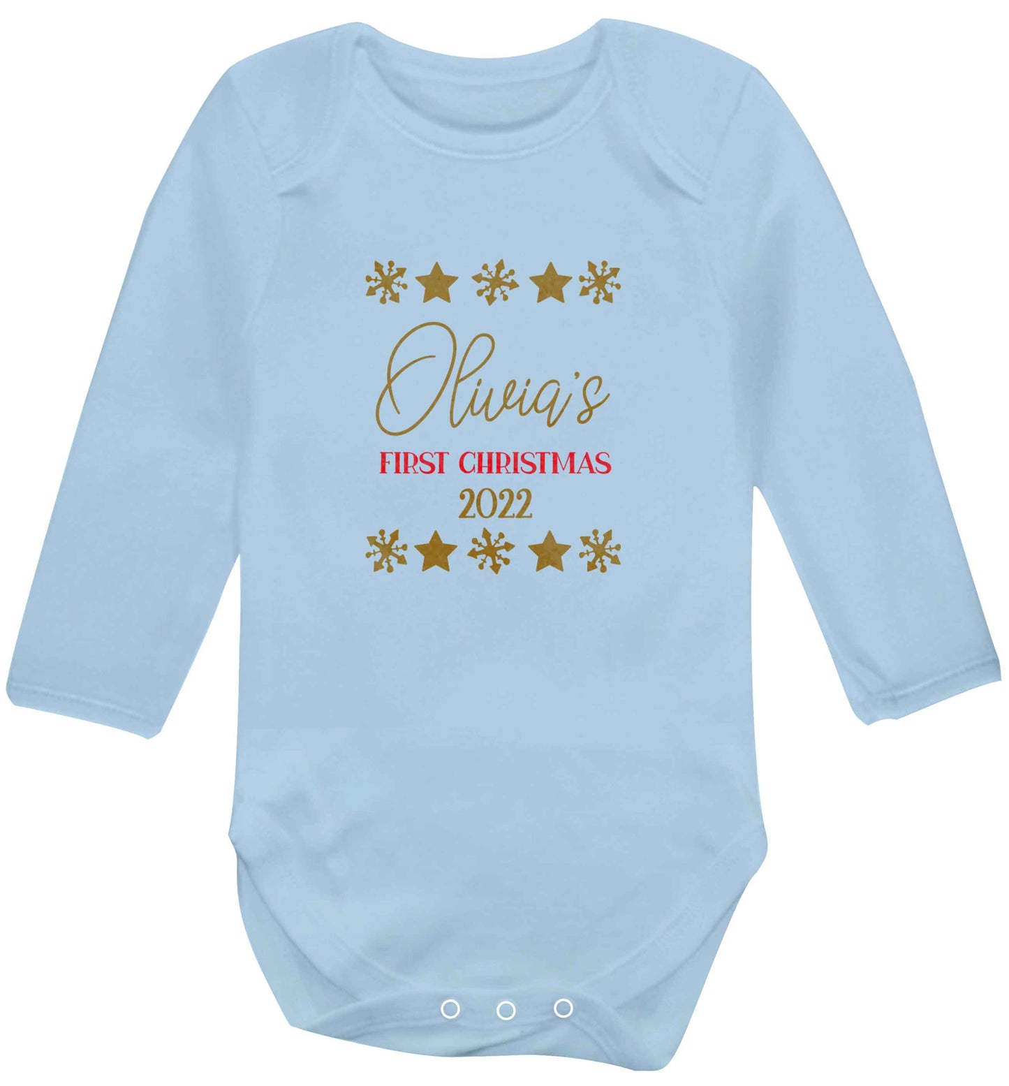Personalised First Christmas baby vest long sleeved pale blue 6-12 months