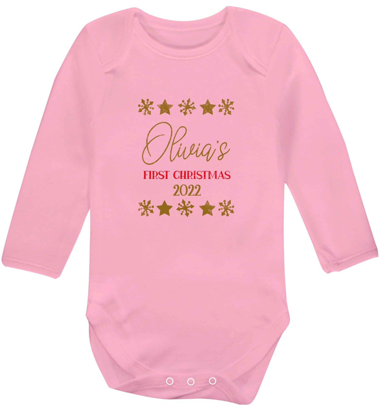 Personalised First Christmas baby vest long sleeved pale pink 6-12 months