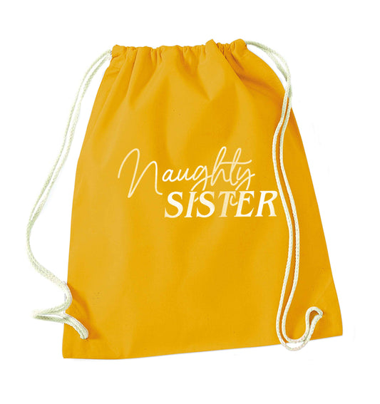 Naughty Sister mustard drawstring bag
