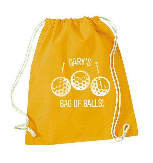 Personalised bag of golf balls mustard drawstring bag