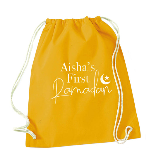 Personalised first Ramadan mustard drawstring bag