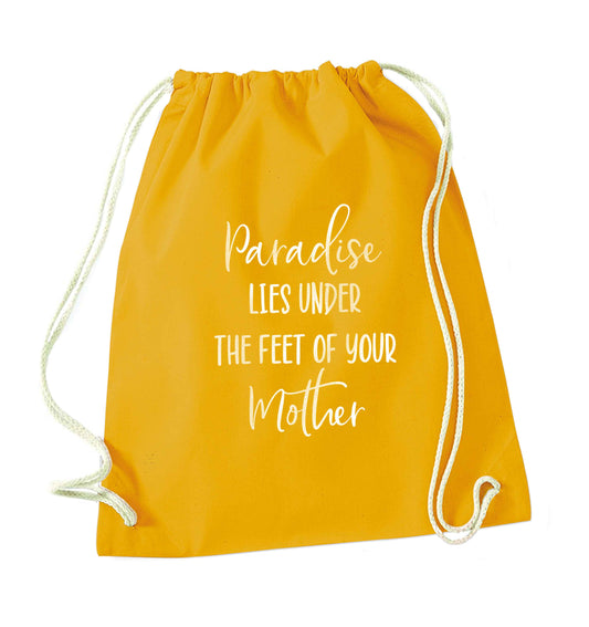 Paradise lies under the feet of your mother mustard drawstring bag