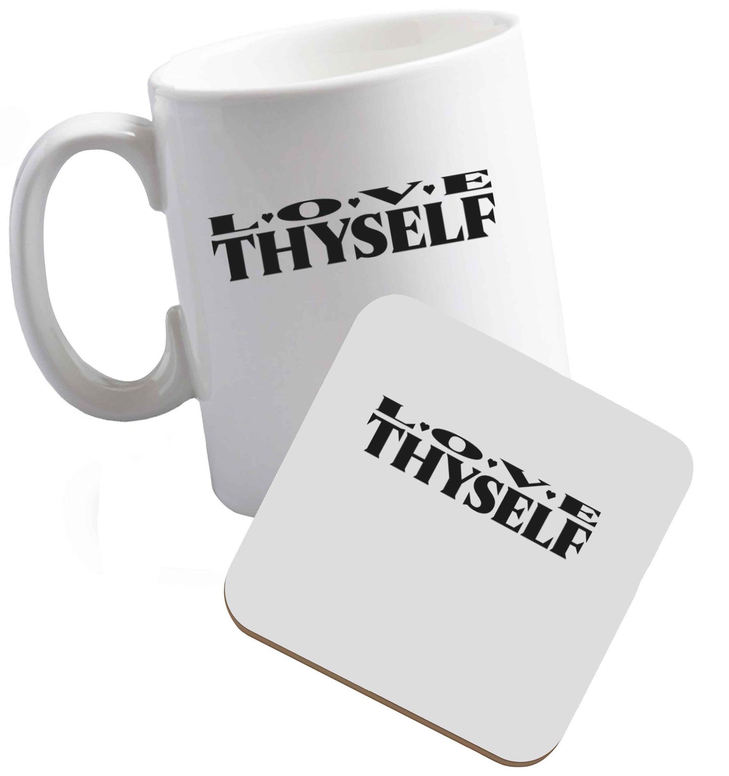10 oz Love thyself ceramic mug and coaster set right handed