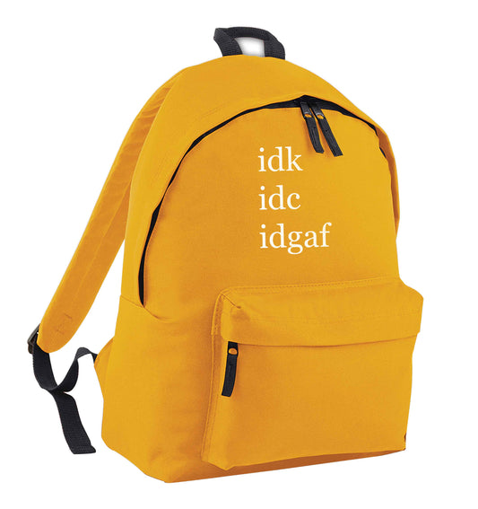 Idk Idc Idgaf mustard adults backpack