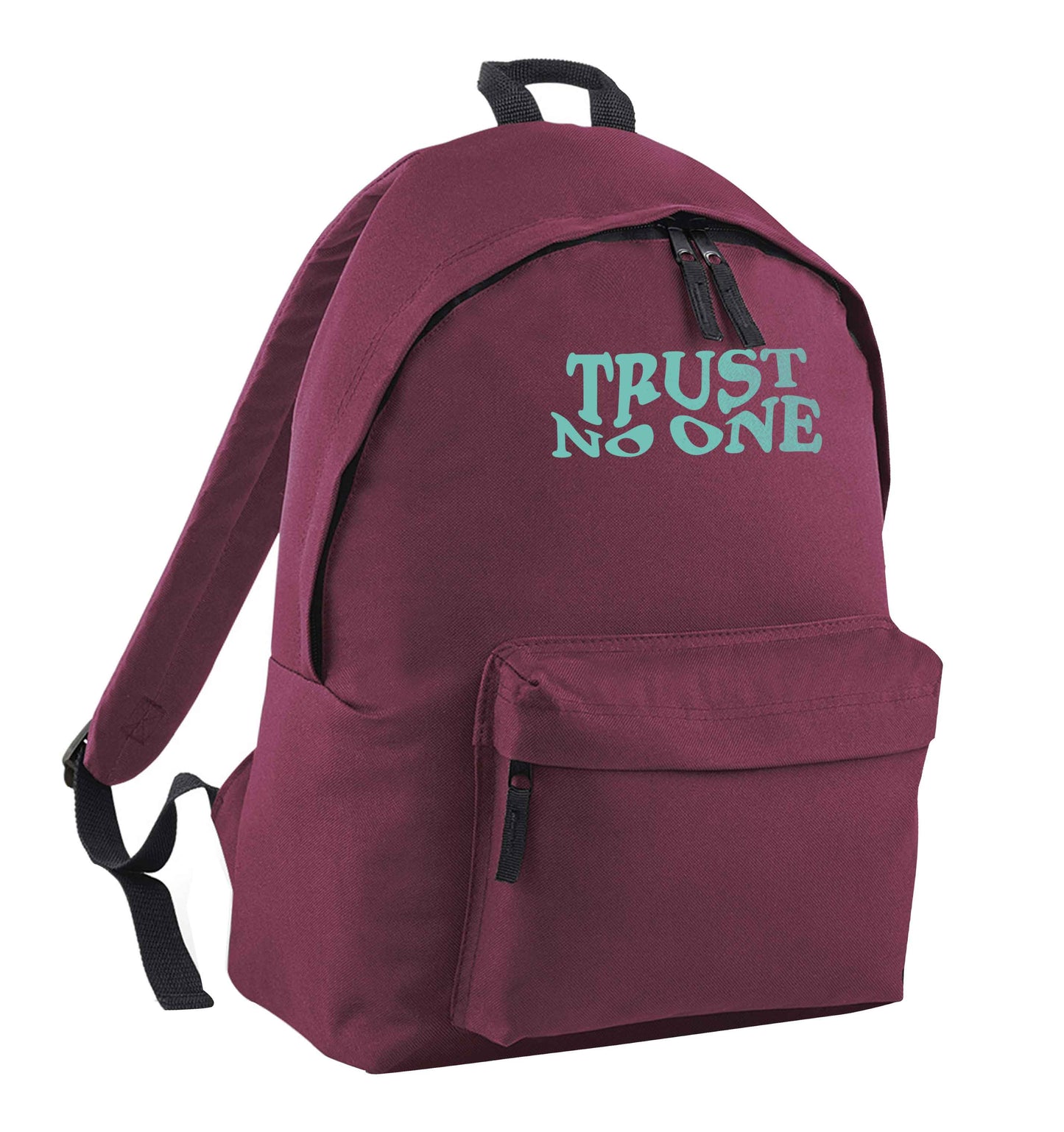 Trust no one maroon adults backpack