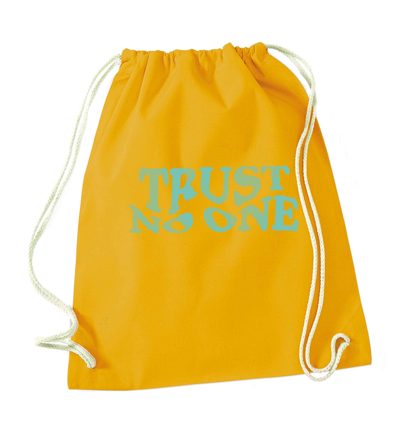 Trust no one mustard drawstring bag