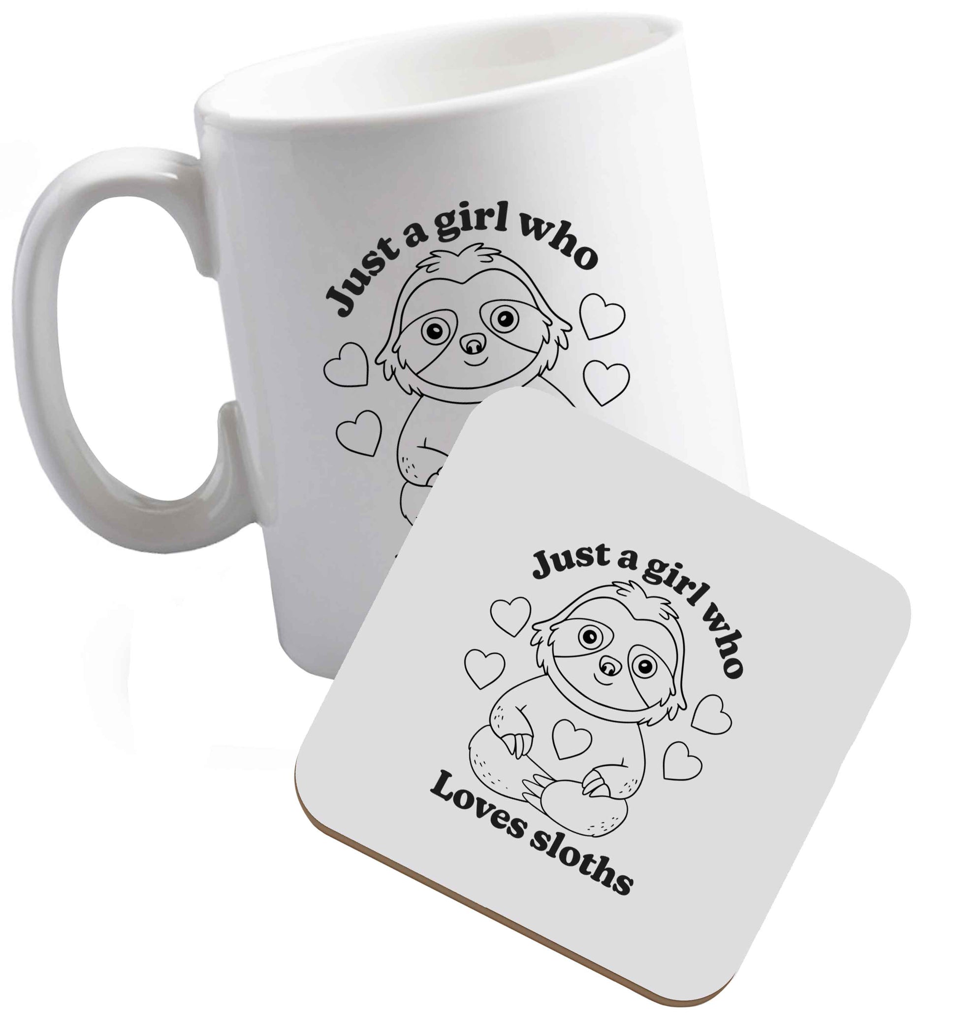 10 oz Just a girl who loves sloths ceramic mug and coaster set right handed