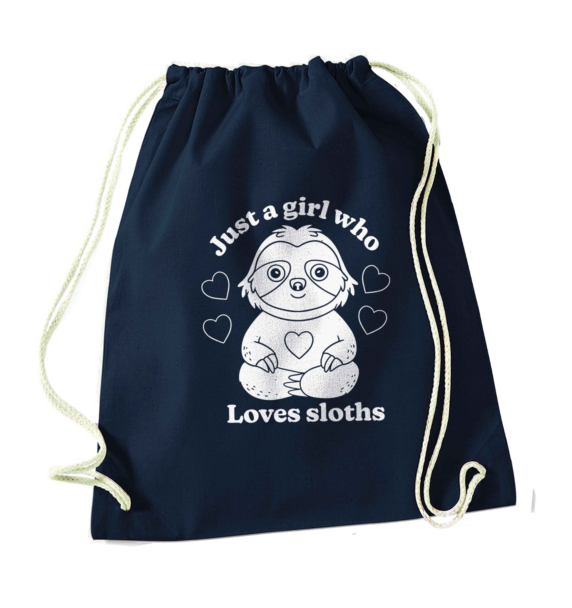 Just a girl who loves sloths navy drawstring bag
