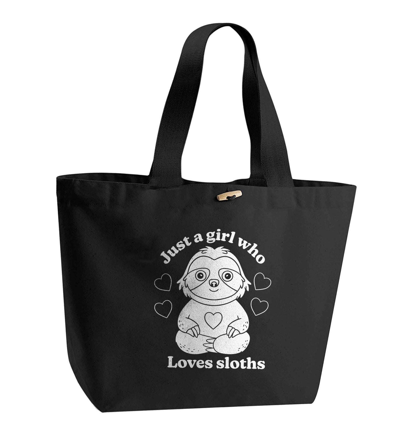 Just a girl who loves sloths organic cotton premium tote bag with wooden toggle in black