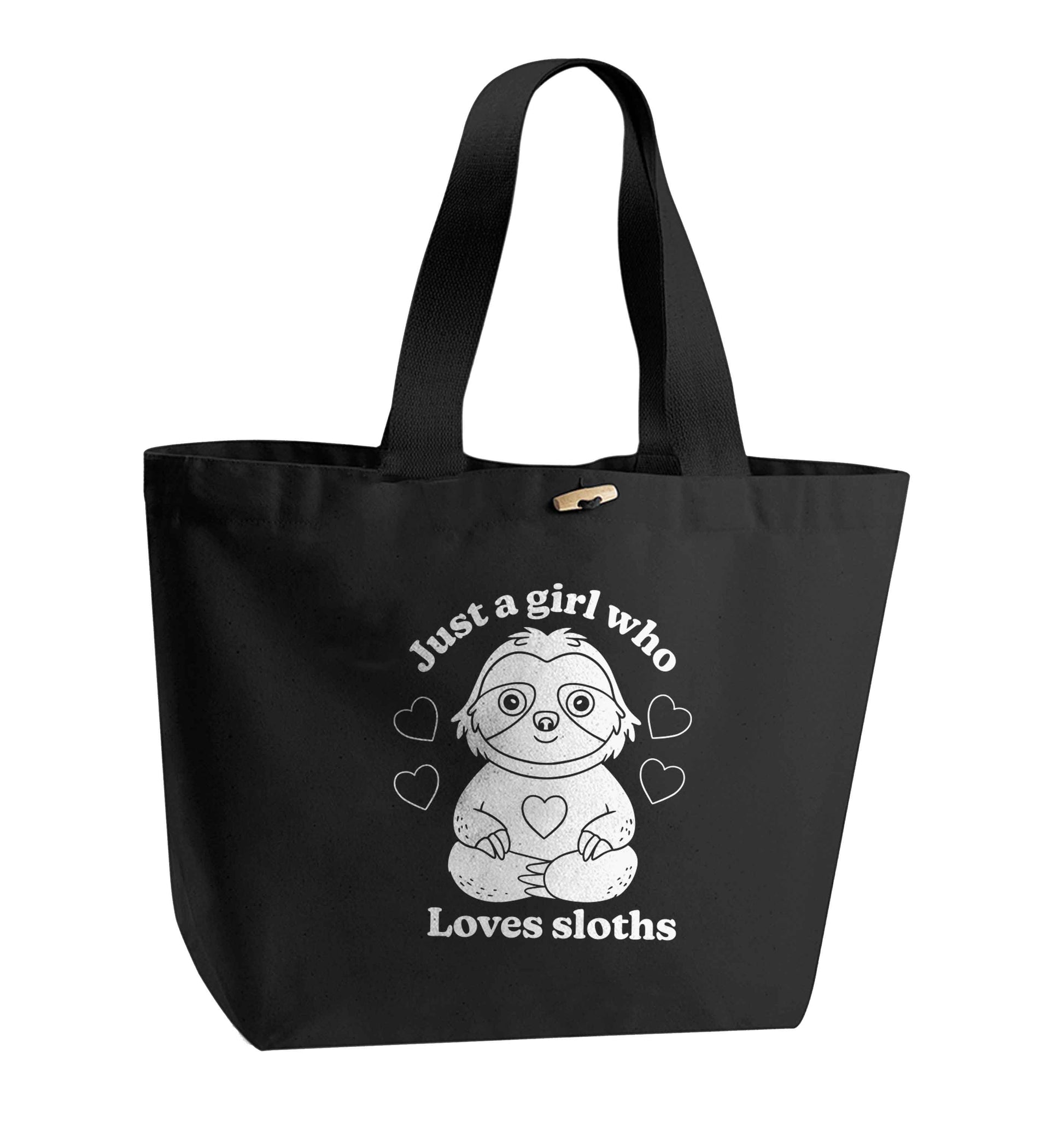 Just a girl who loves sloths organic cotton premium tote bag with wooden toggle in black