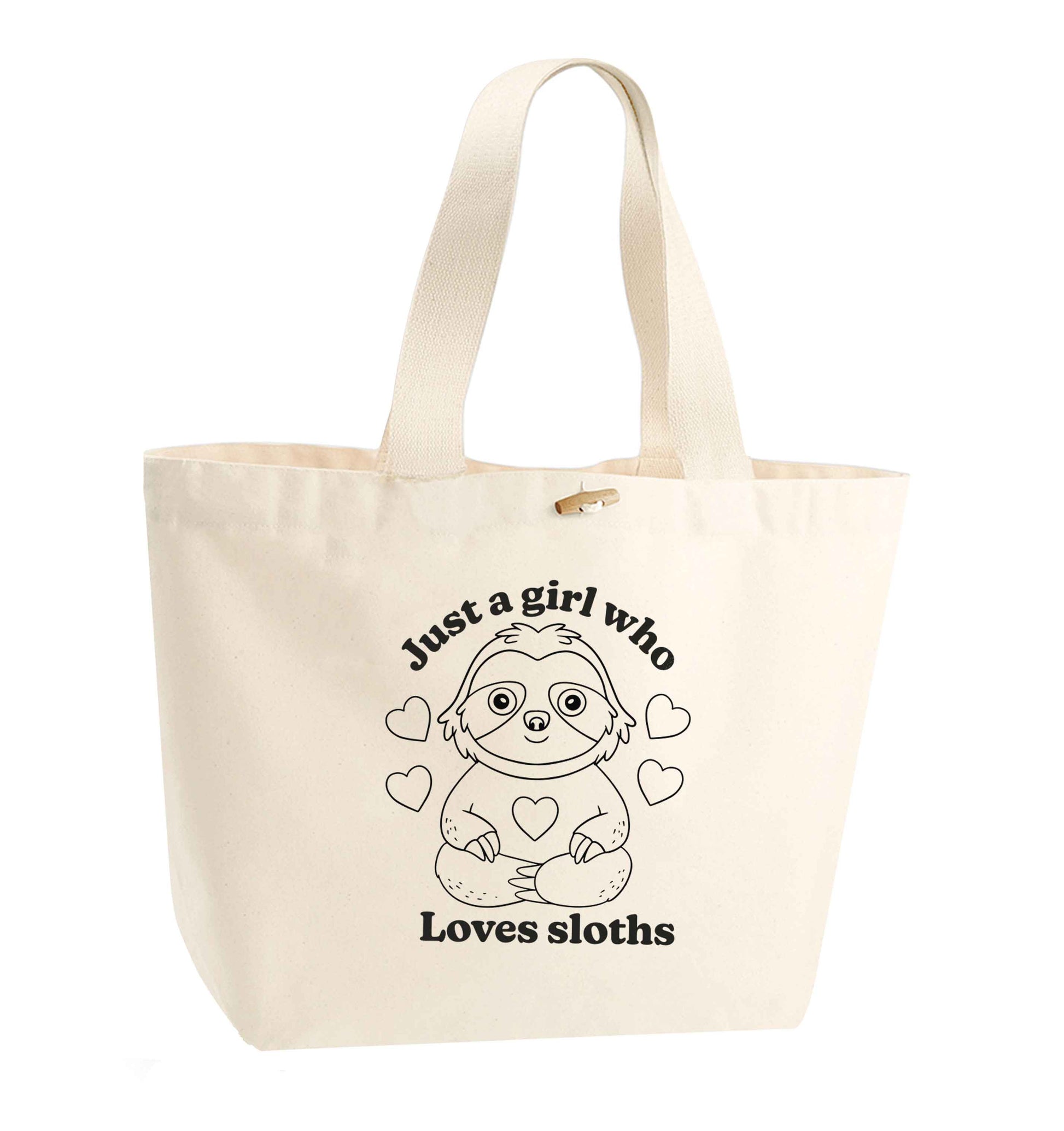 Just a girl who loves sloths organic cotton premium tote bag with wooden toggle in natural