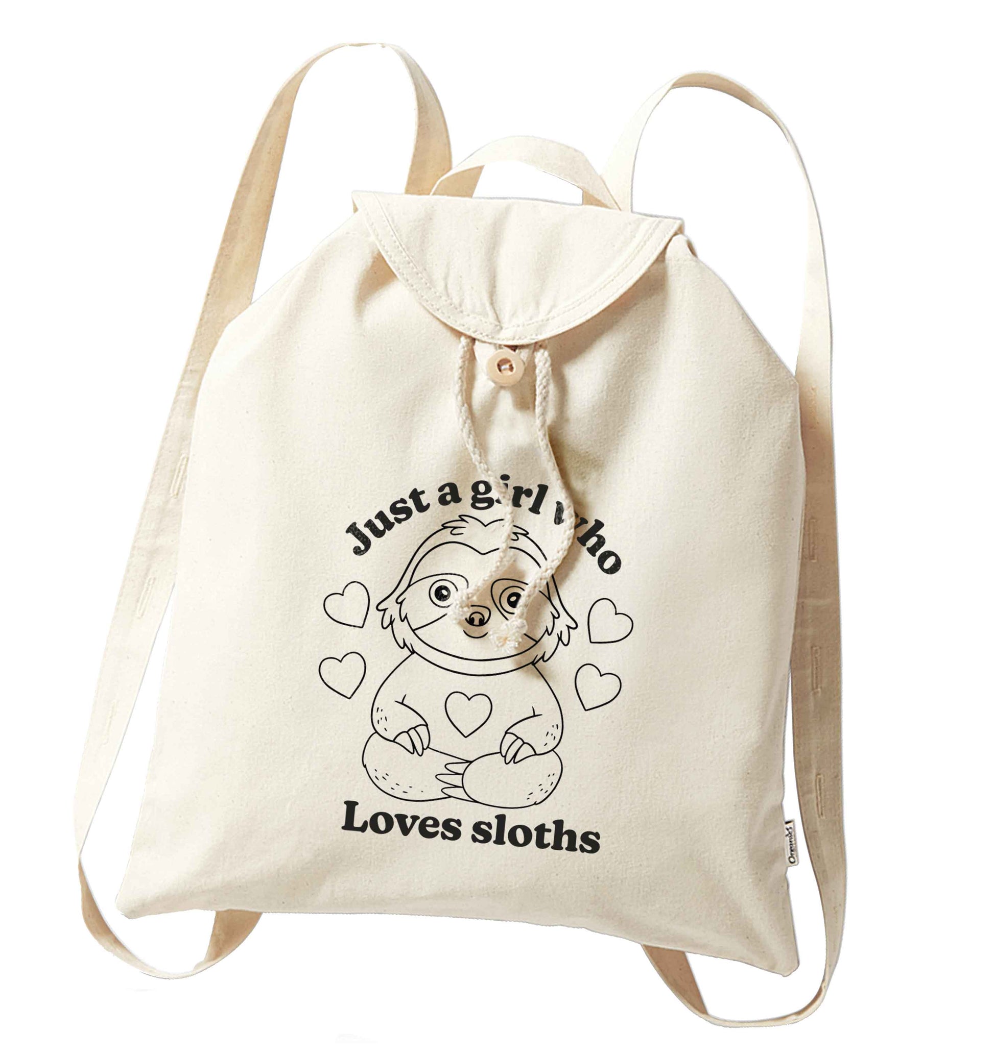 Just a girl who loves sloths organic cotton backpack tote with wooden buttons in natural