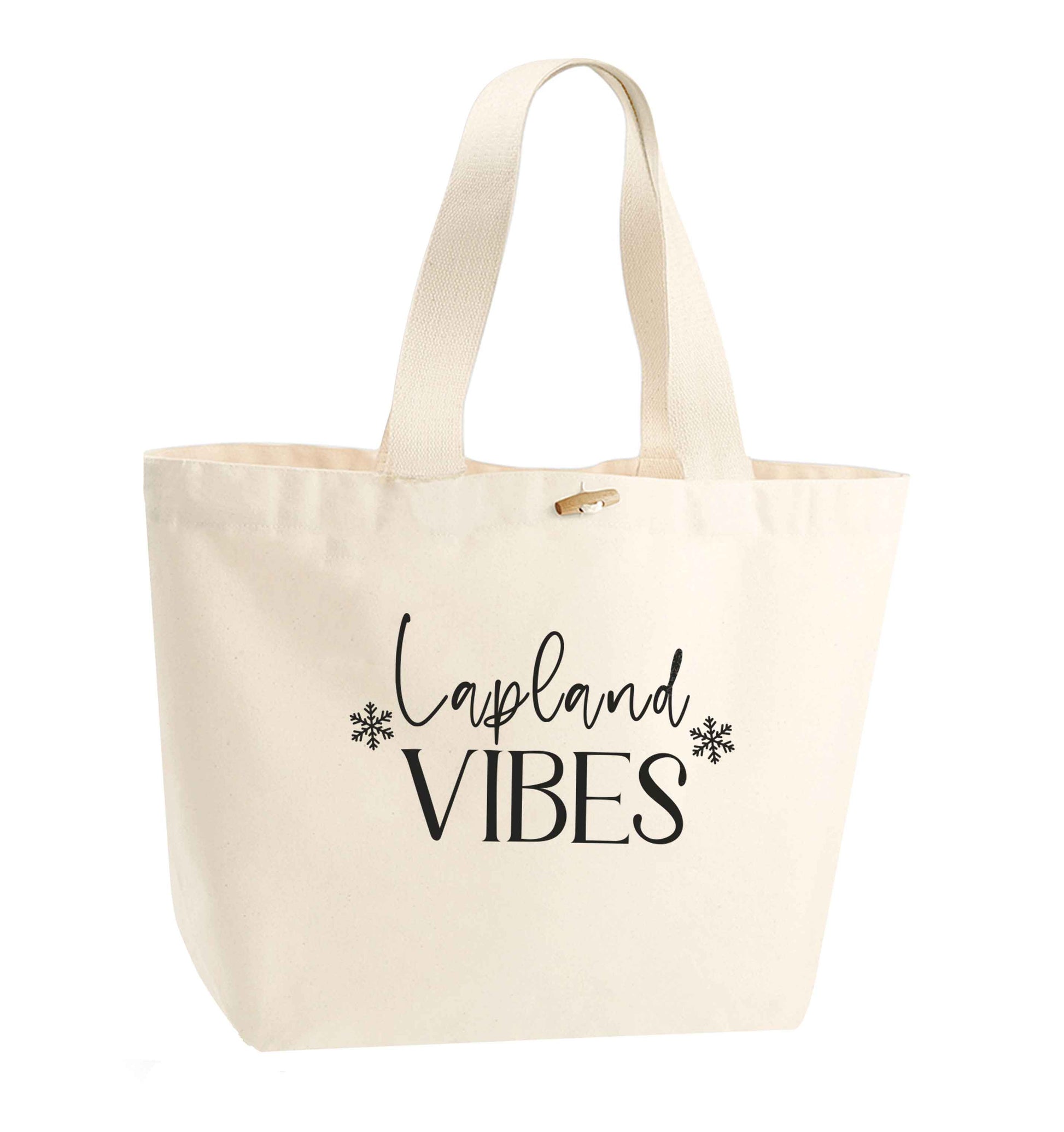 Lapland vibes organic cotton premium tote bag with wooden toggle in natural