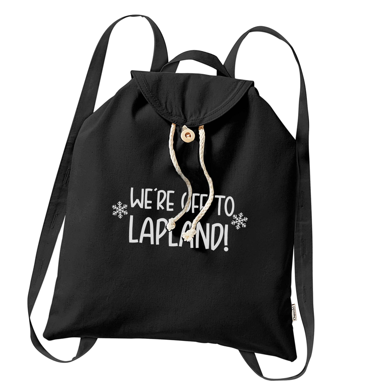 We're off to Lapland organic cotton backpack tote with wooden buttons in black