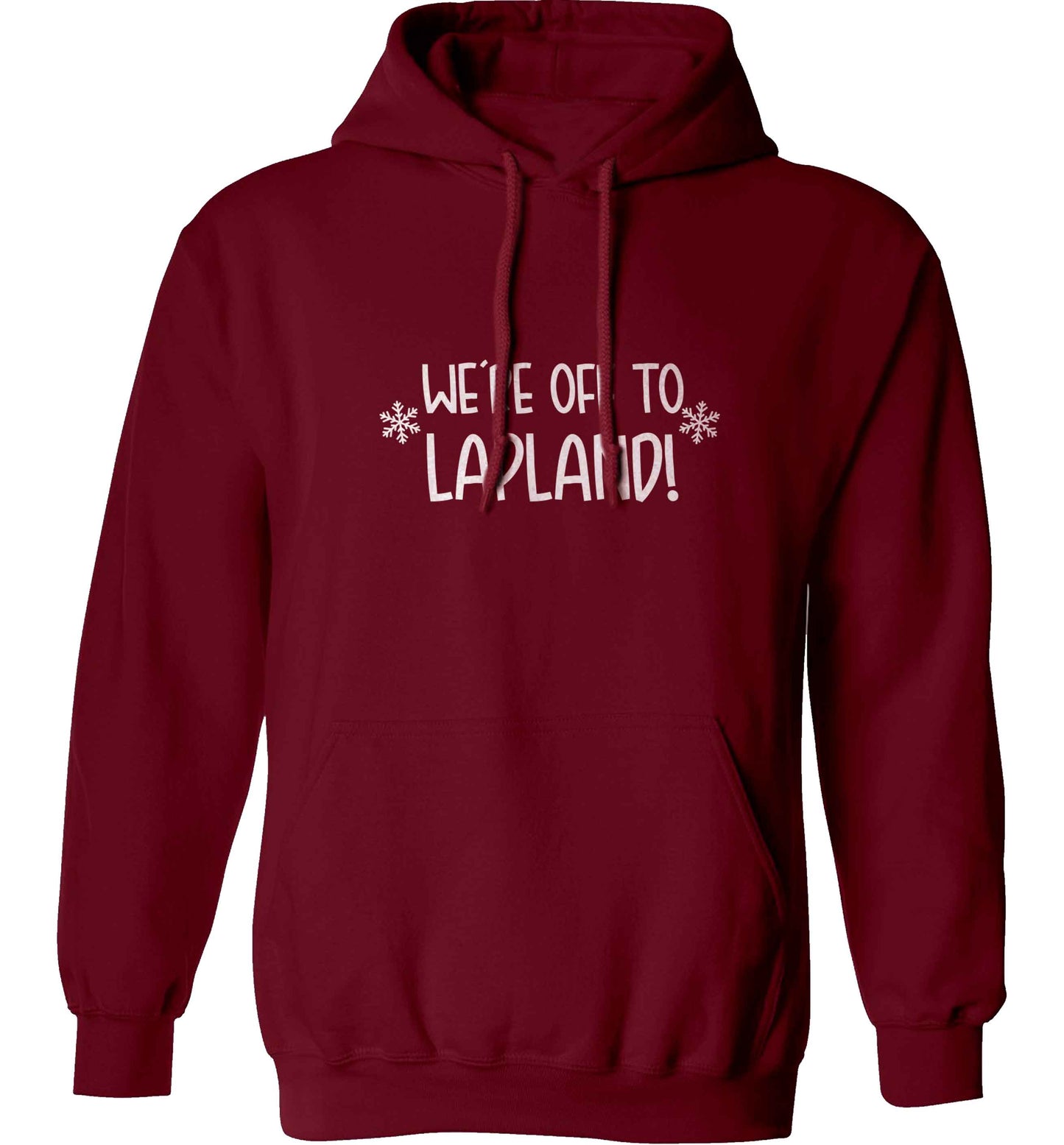 We're off to Lapland adults unisex maroon hoodie 2XL