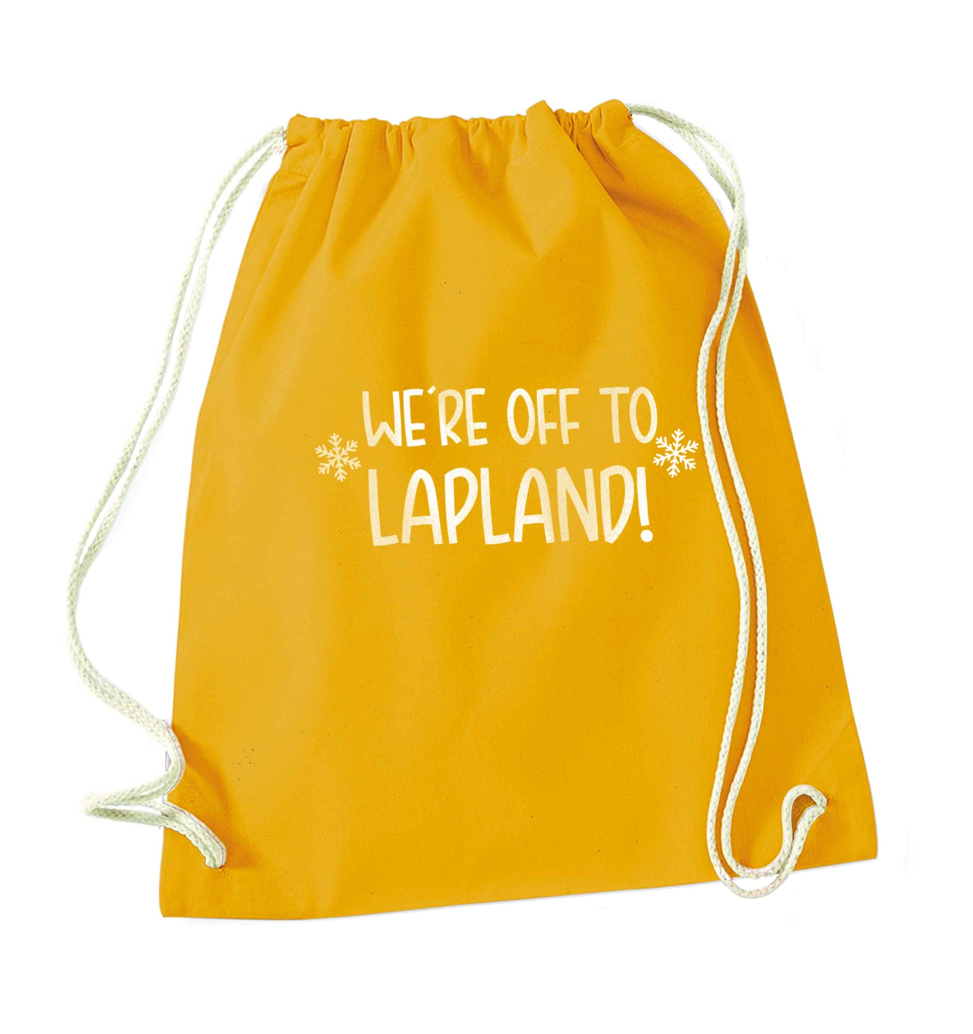 We're off to Lapland mustard drawstring bag