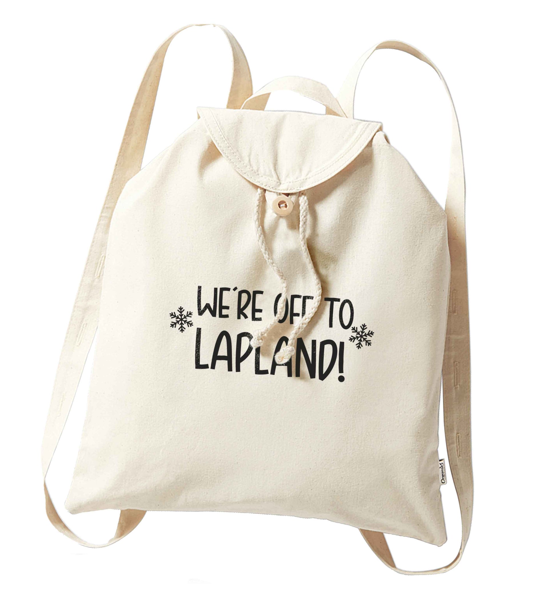 We're off to Lapland organic cotton backpack tote with wooden buttons in natural