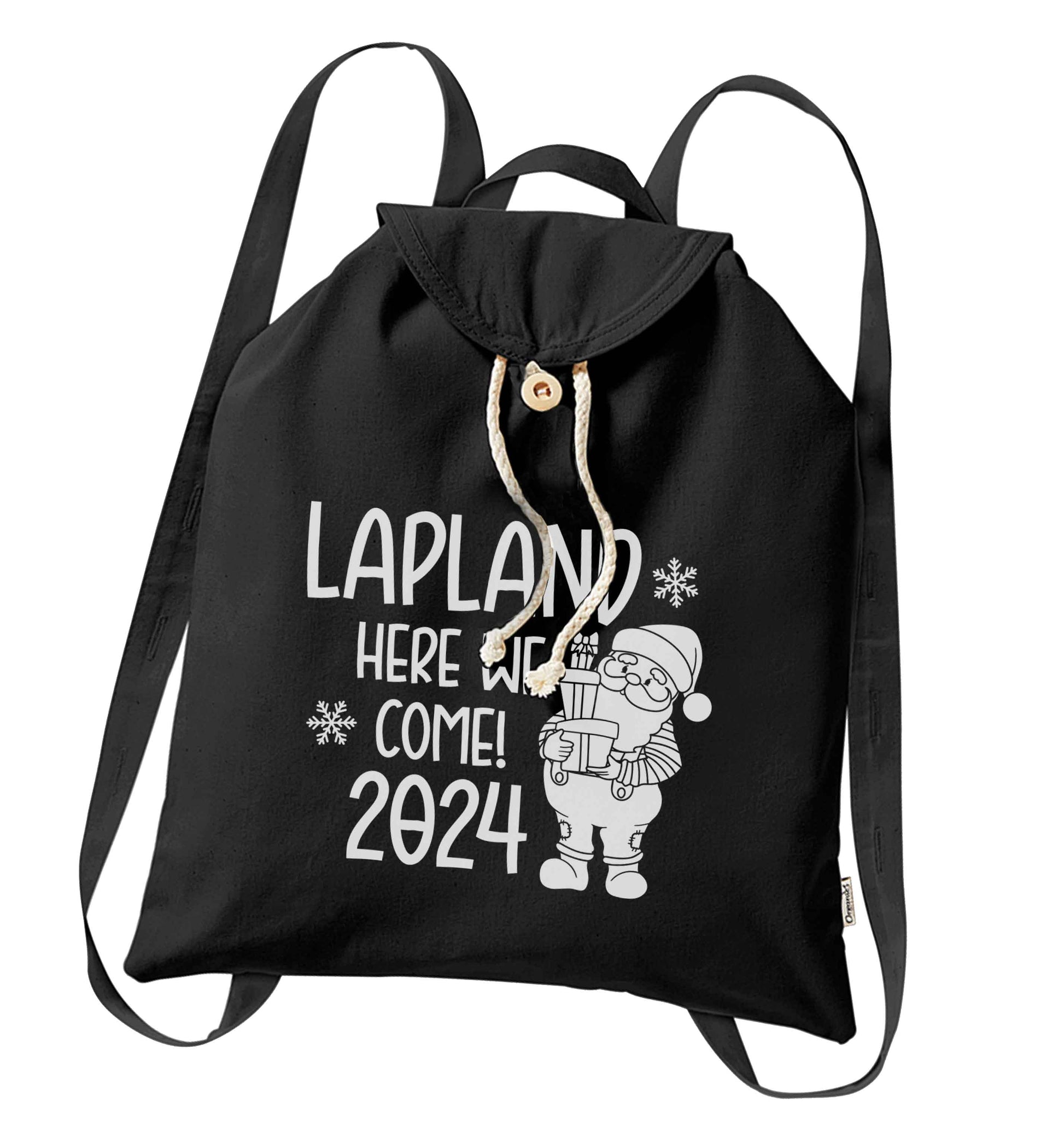 Lapland here we come organic cotton backpack tote with wooden buttons in black