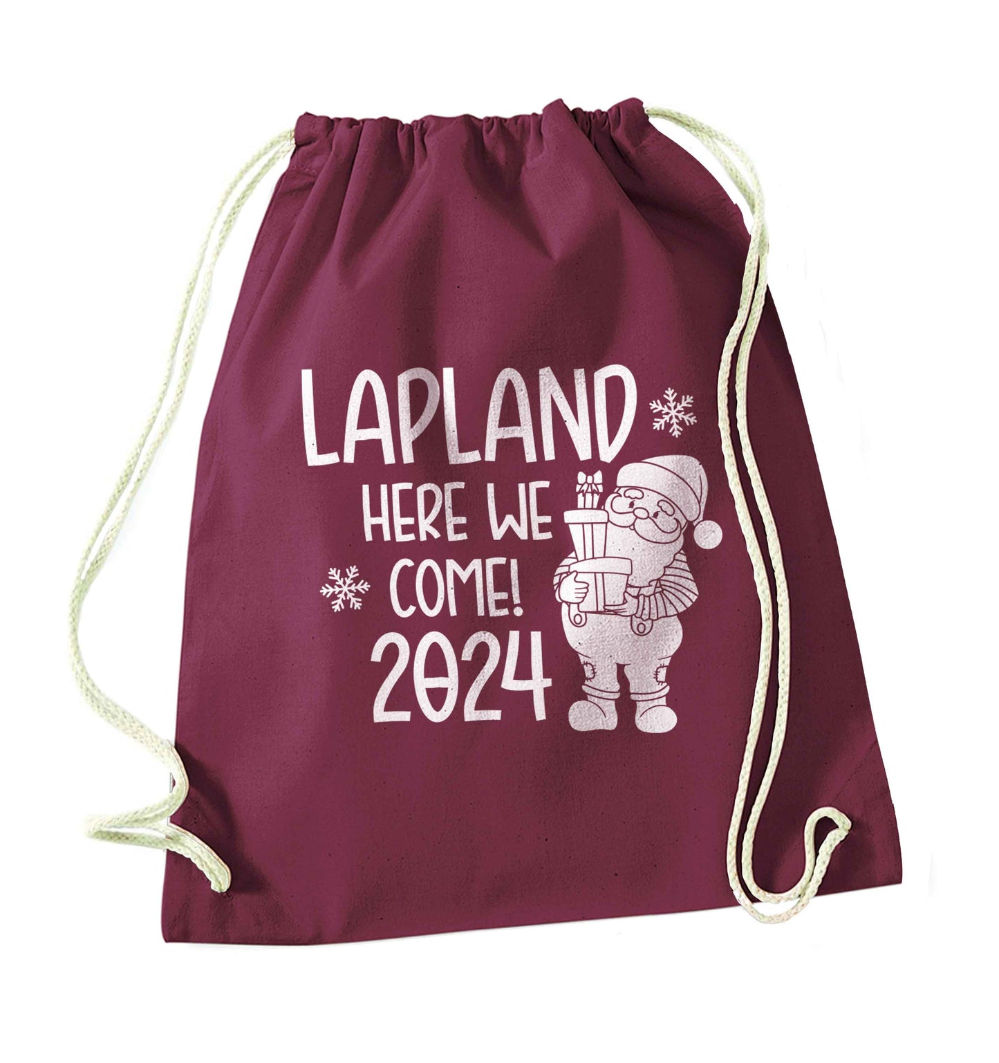 Lapland here we come maroon drawstring bag