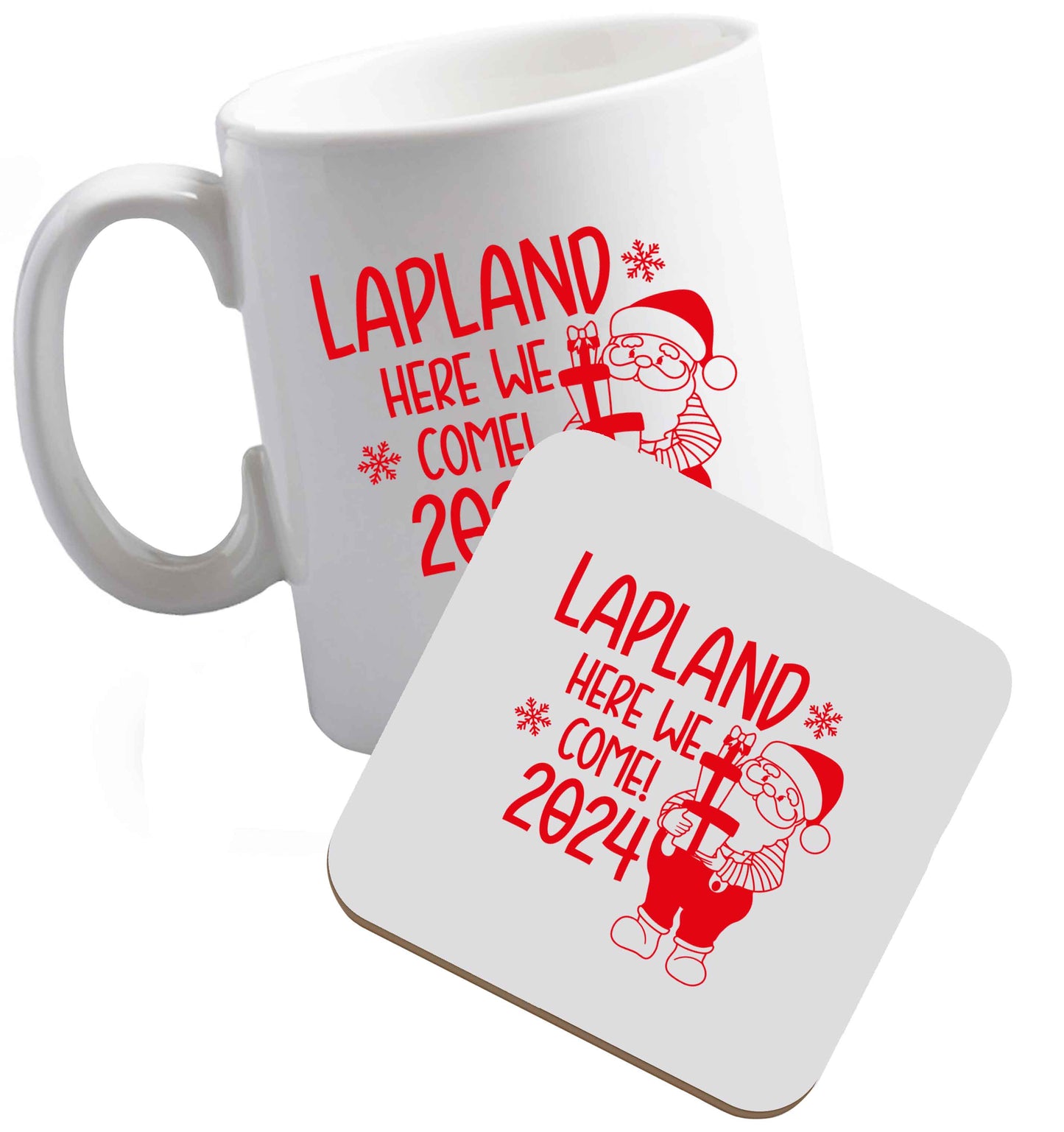 10 oz Lapland here we come ceramic mug and coaster set right handed