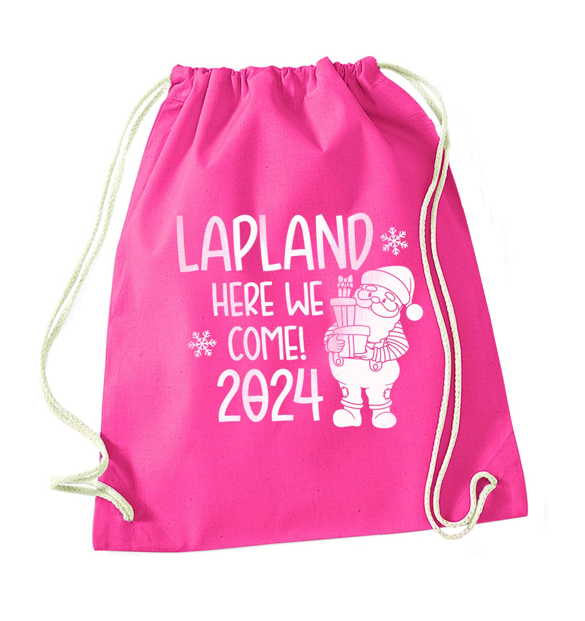 Lapland here we come pink drawstring bag