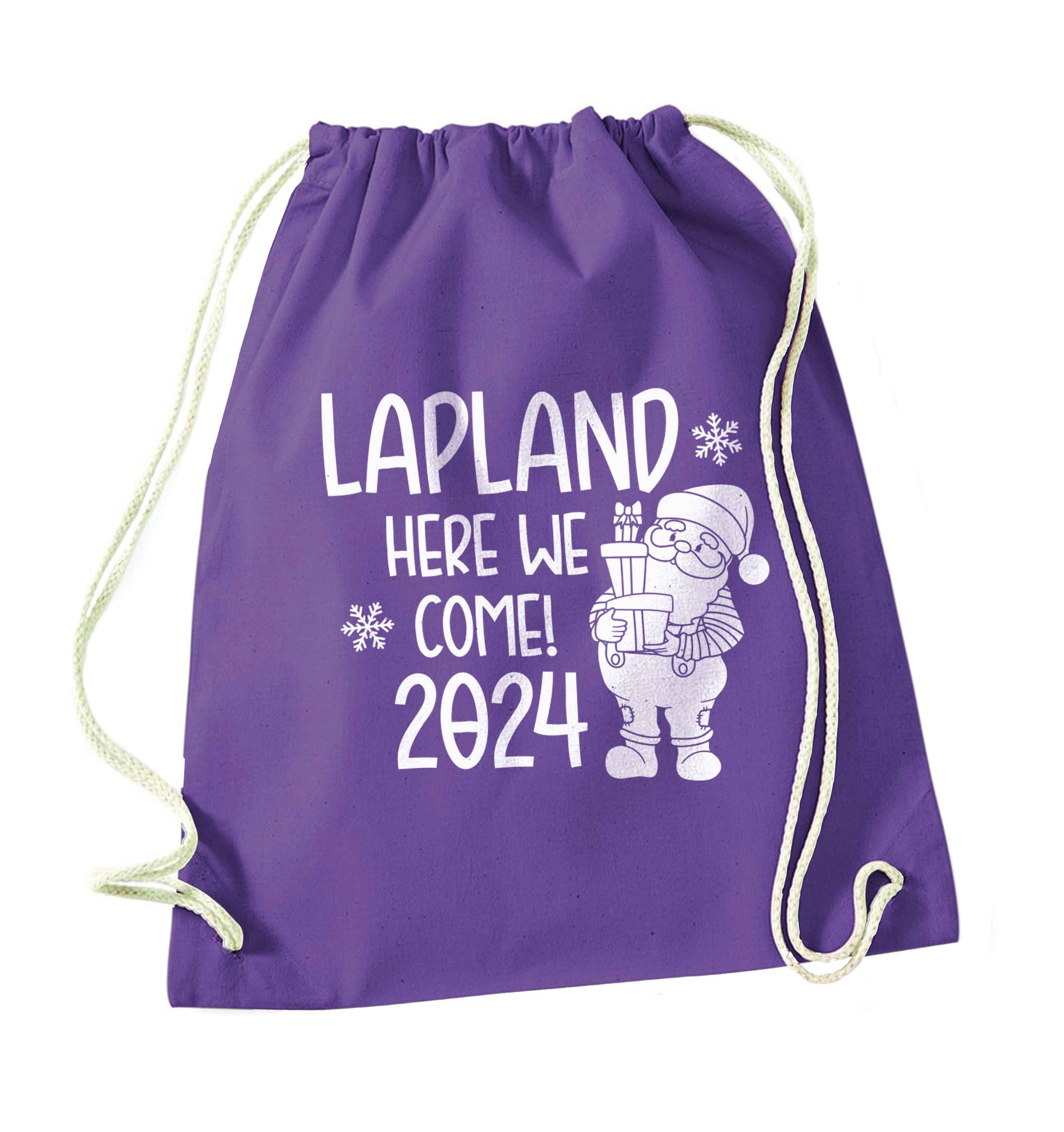 Lapland here we come purple drawstring bag