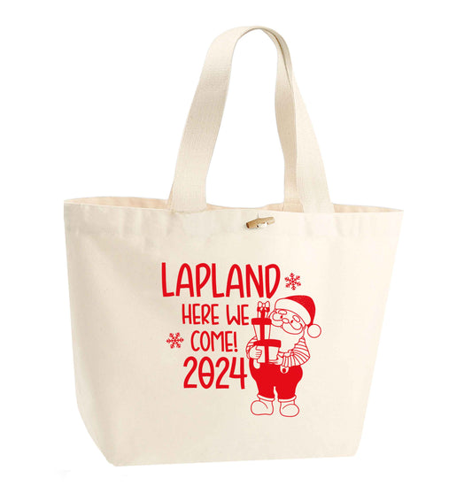 Lapland here we come organic cotton premium tote bag with wooden toggle in natural