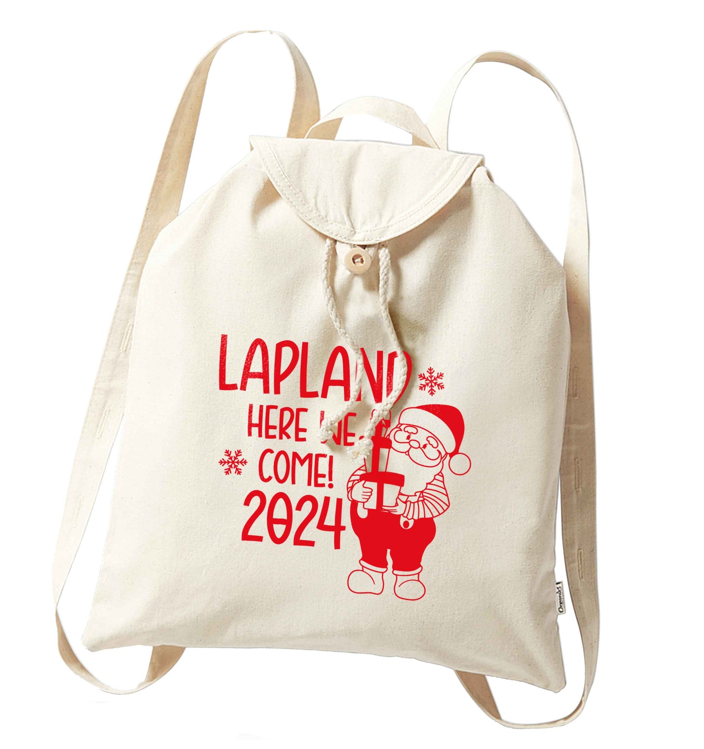 Lapland here we come organic cotton backpack tote with wooden buttons in natural