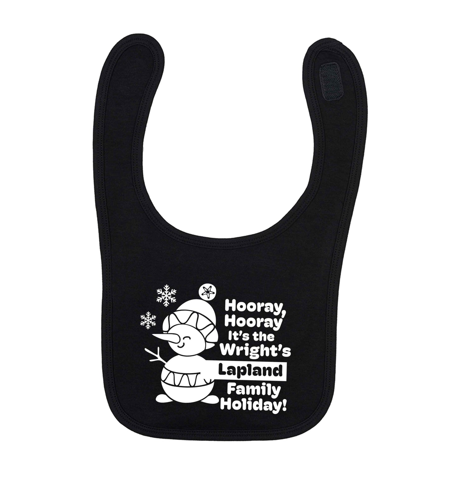 Hooray it's the personalised Lapland holiday! black baby bib